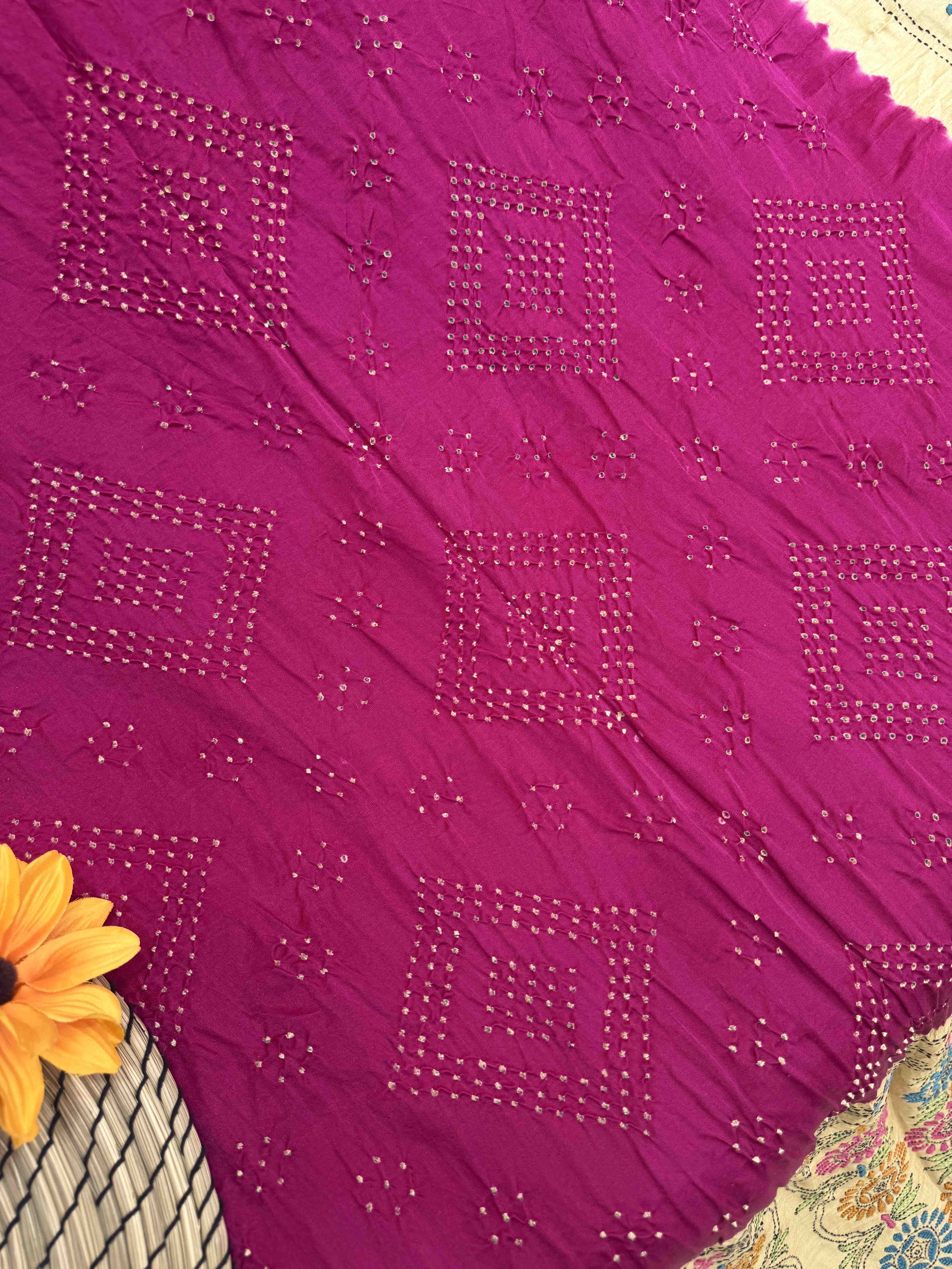 Cream & Magenta Gajji Silk with Kantha Work in Border Pallu Bandhani Saree