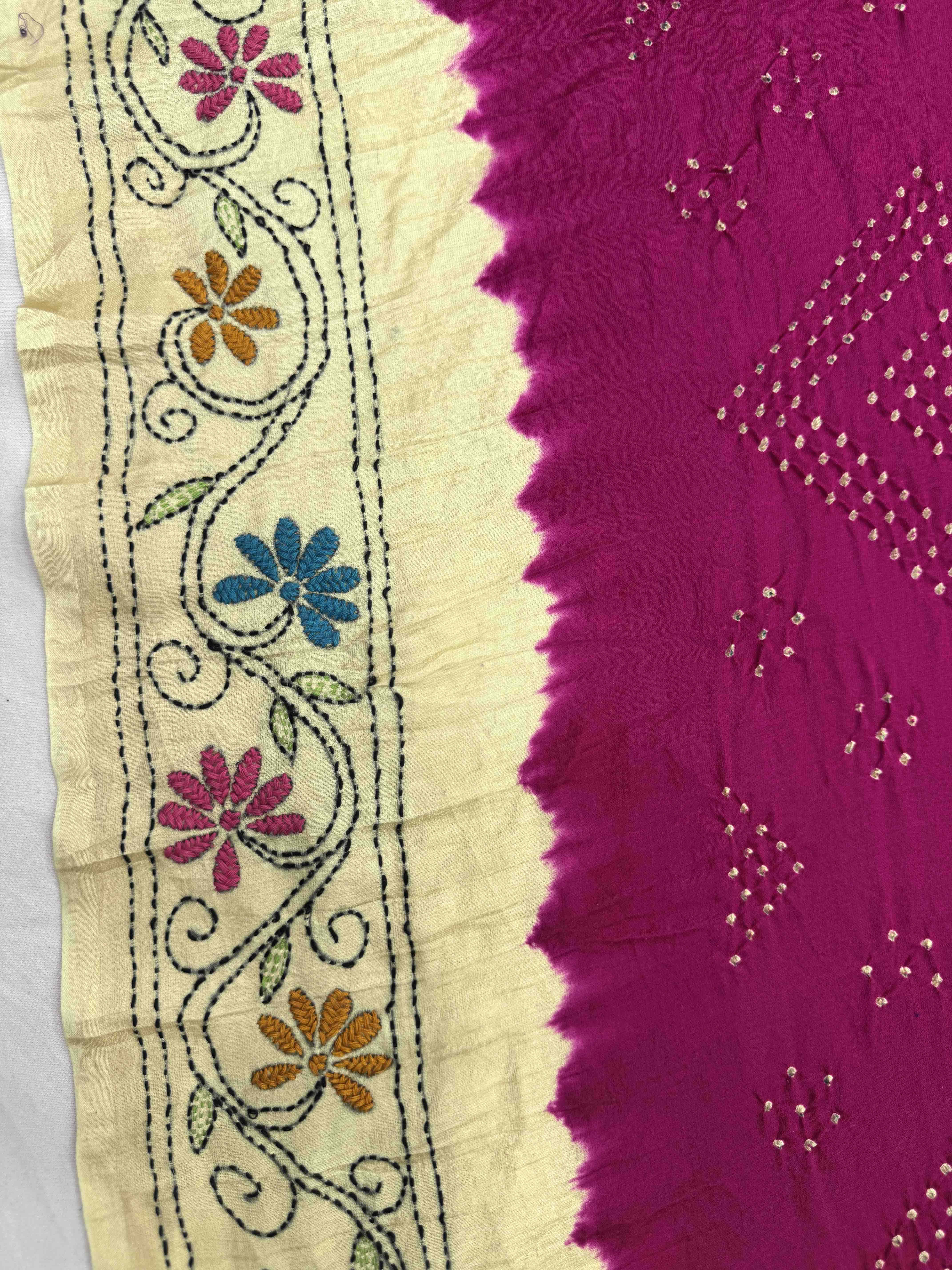 Cream & Magenta Gajji Silk with Kantha Work in Border Pallu Bandhani Saree