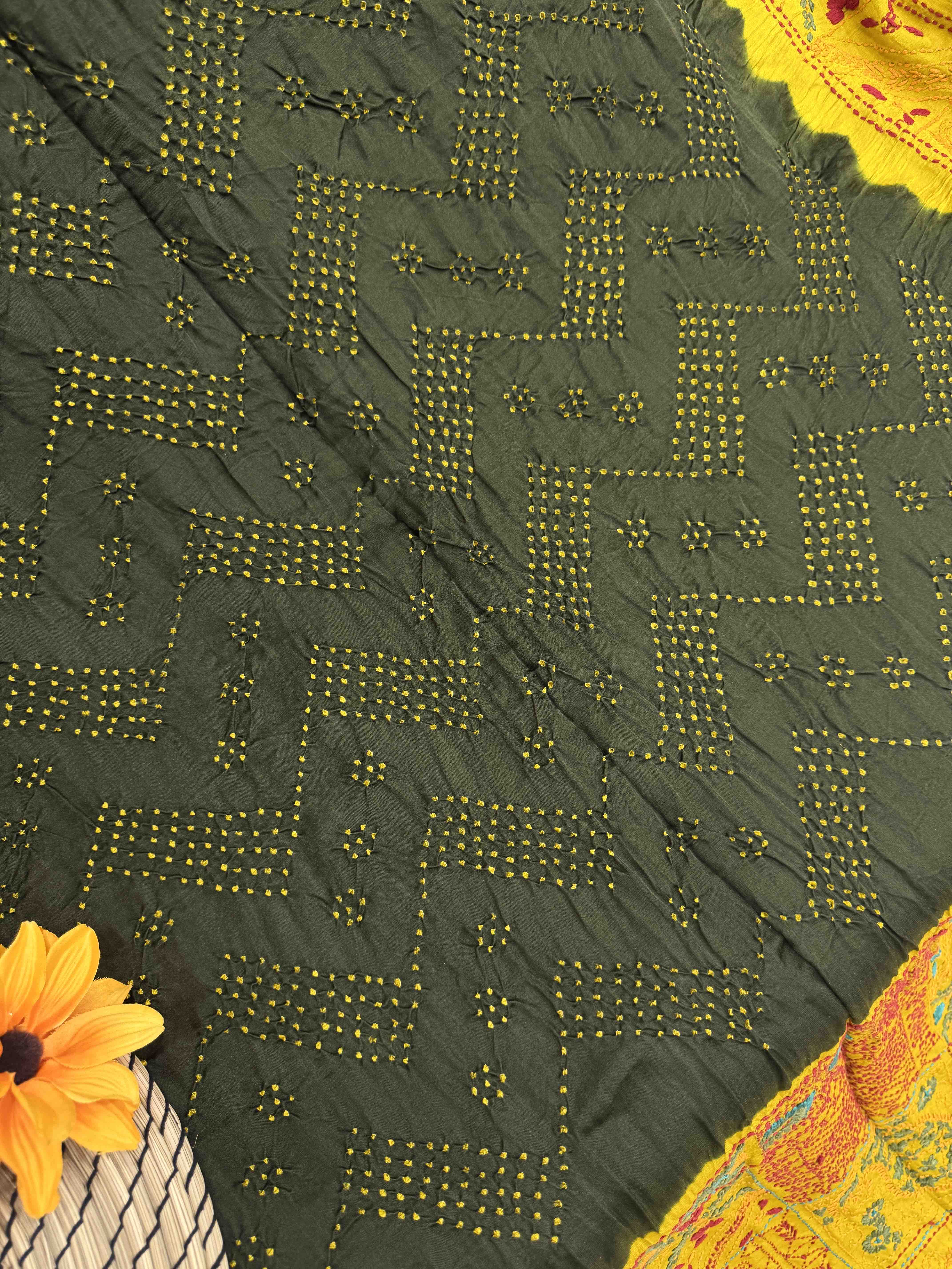 Mustard Yellow & Mehendi Green Gajji Silk with Kantha Work in Border Pallu Bandhani Saree