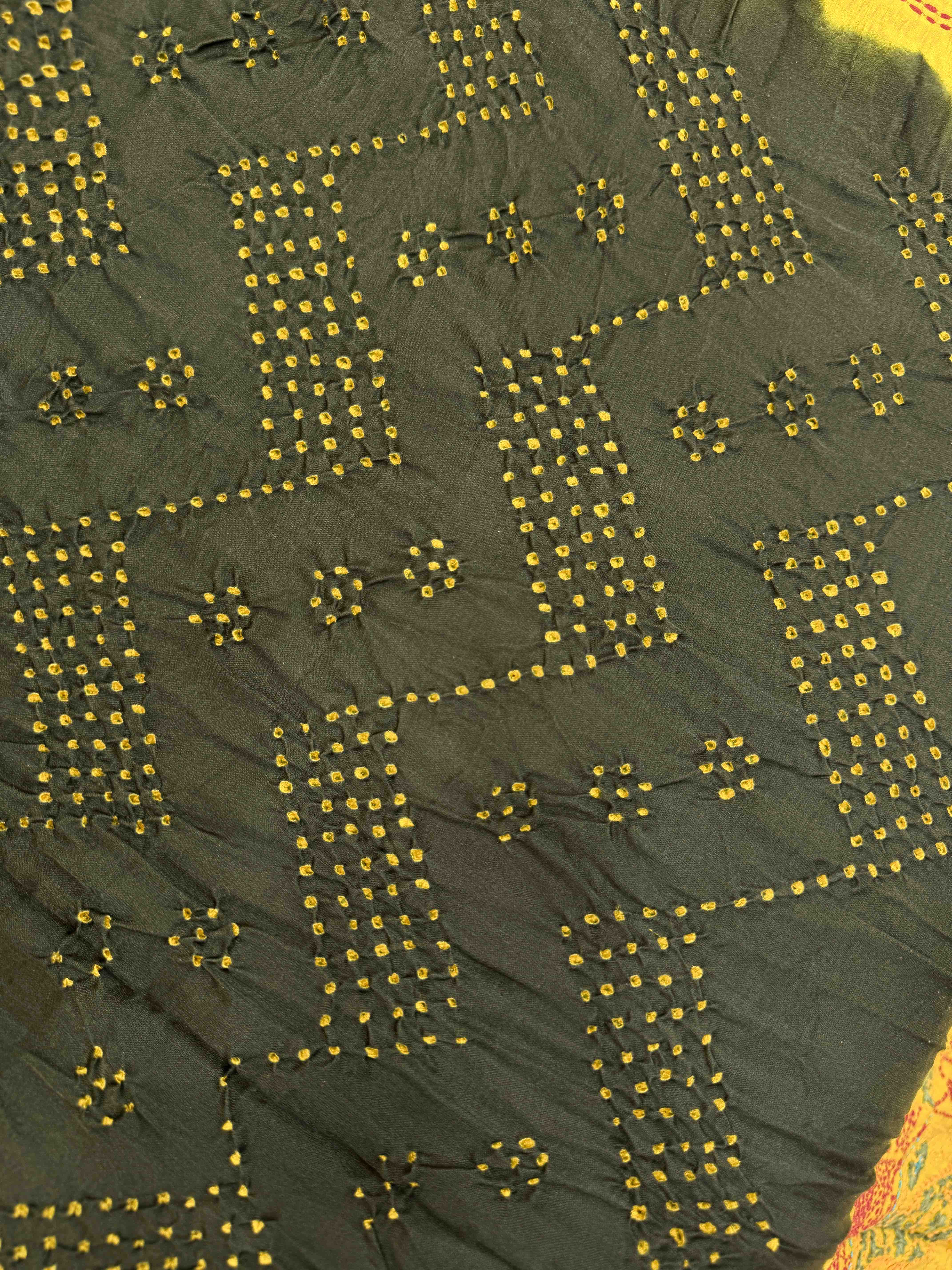 Mustard Yellow & Mehendi Green Gajji Silk with Kantha Work in Border Pallu Bandhani Saree