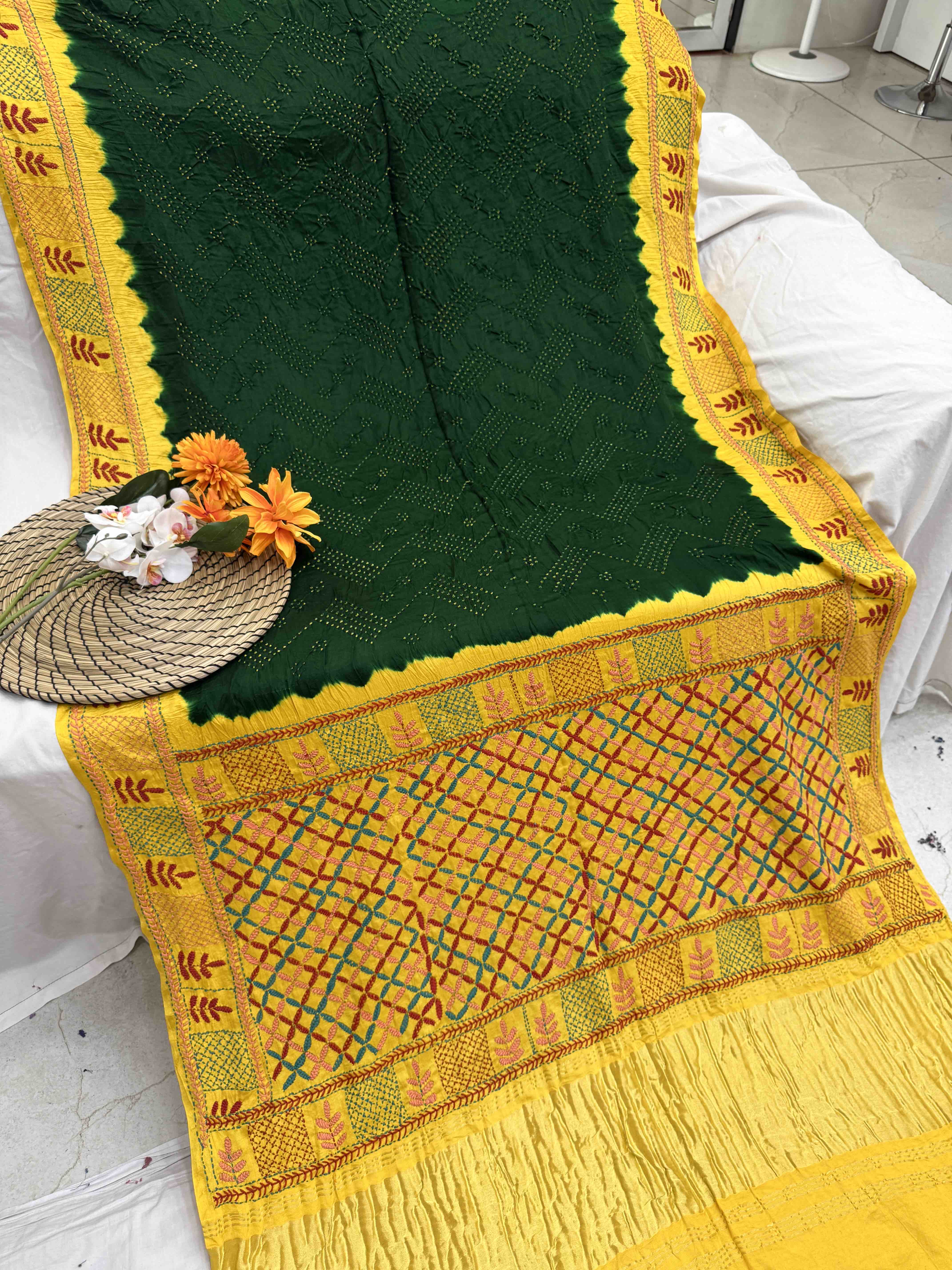 Light Yellow & Green Gajji Silk with Kantha Work in Border Pallu Bandhani Saree