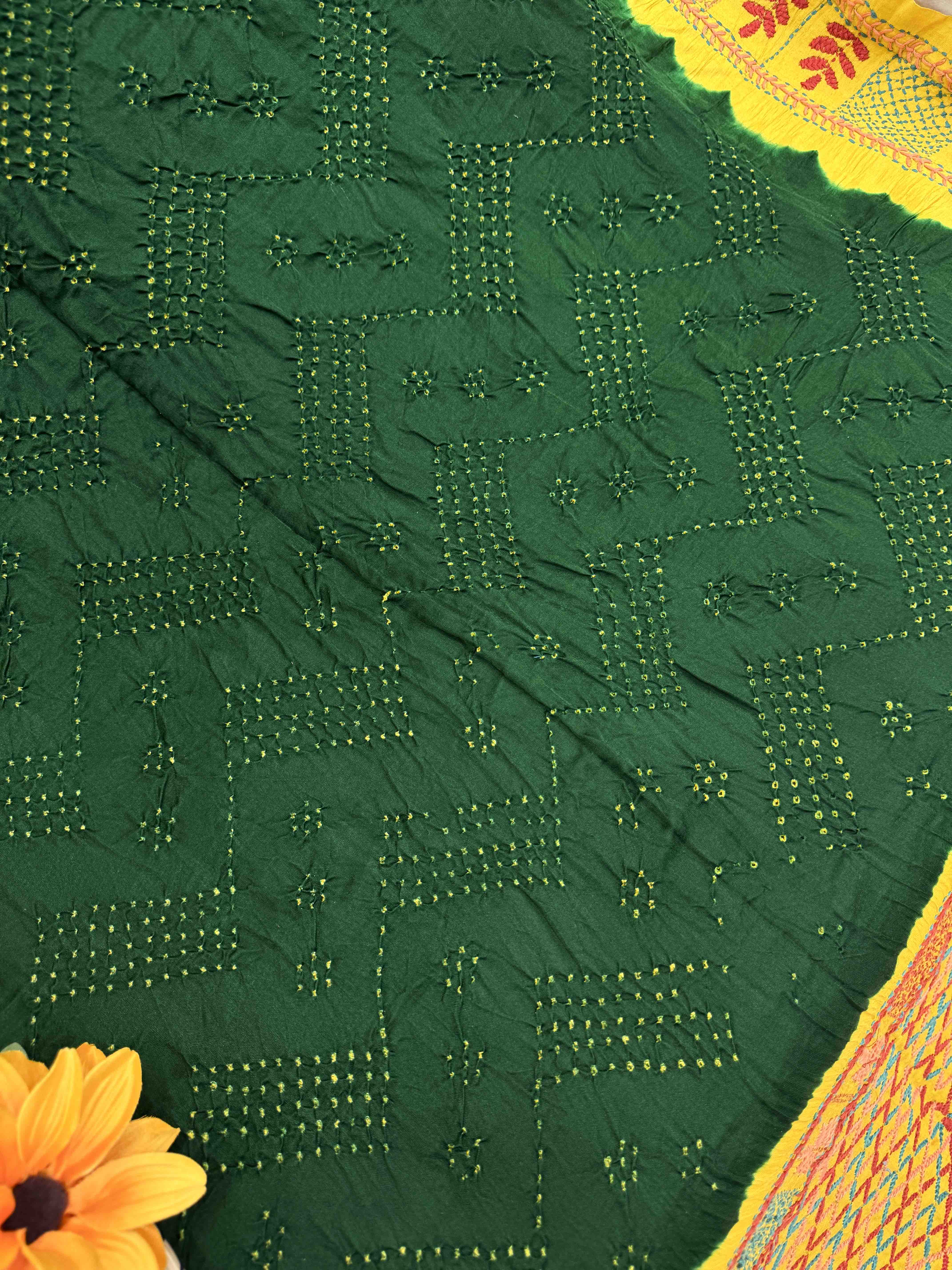 Light Yellow & Green Gajji Silk with Kantha Work in Border Pallu Bandhani Saree