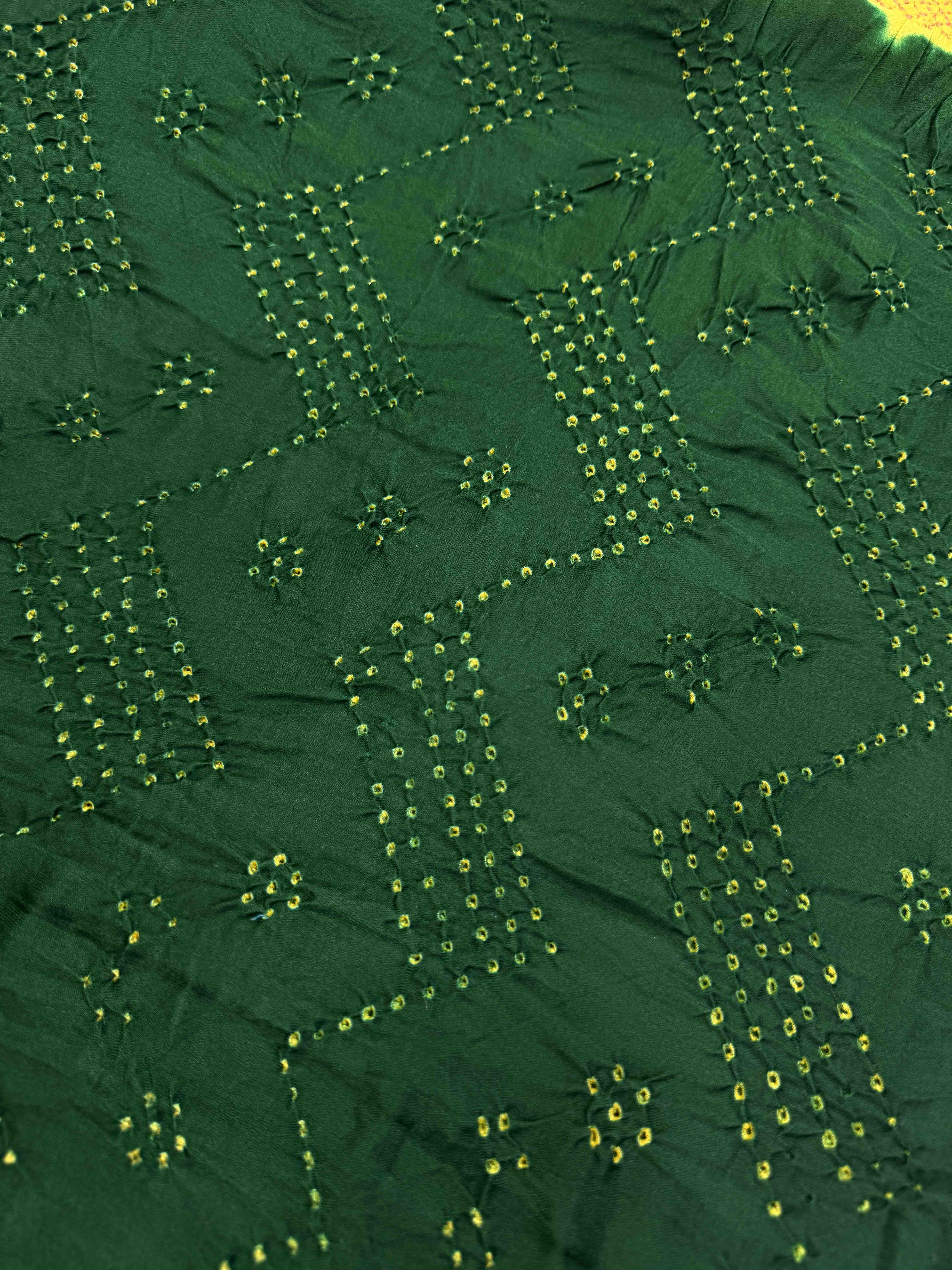 Light Yellow & Green Gajji Silk with Kantha Work in Border Pallu Bandhani Saree