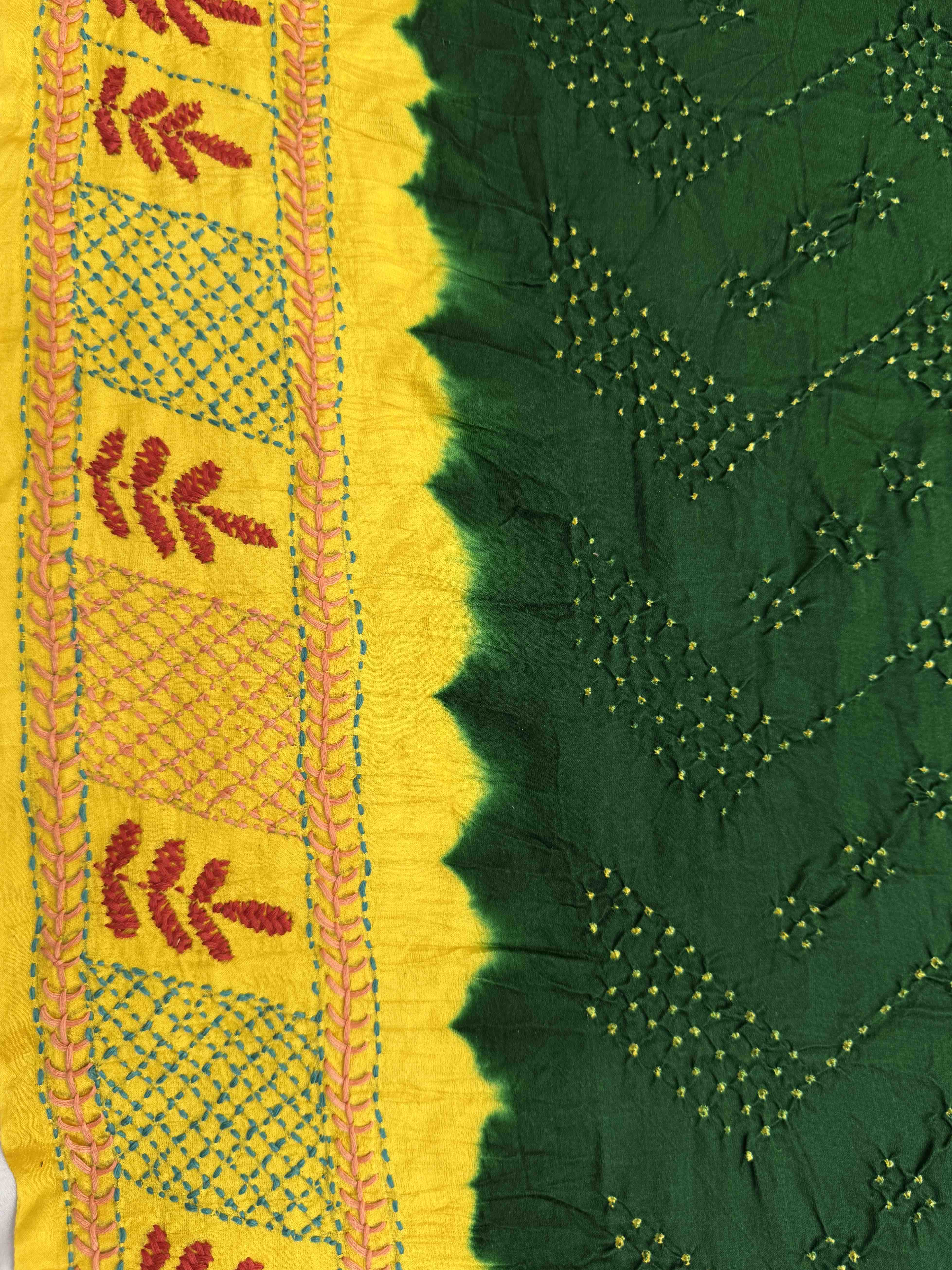 Light Yellow & Green Gajji Silk with Kantha Work in Border Pallu Bandhani Saree