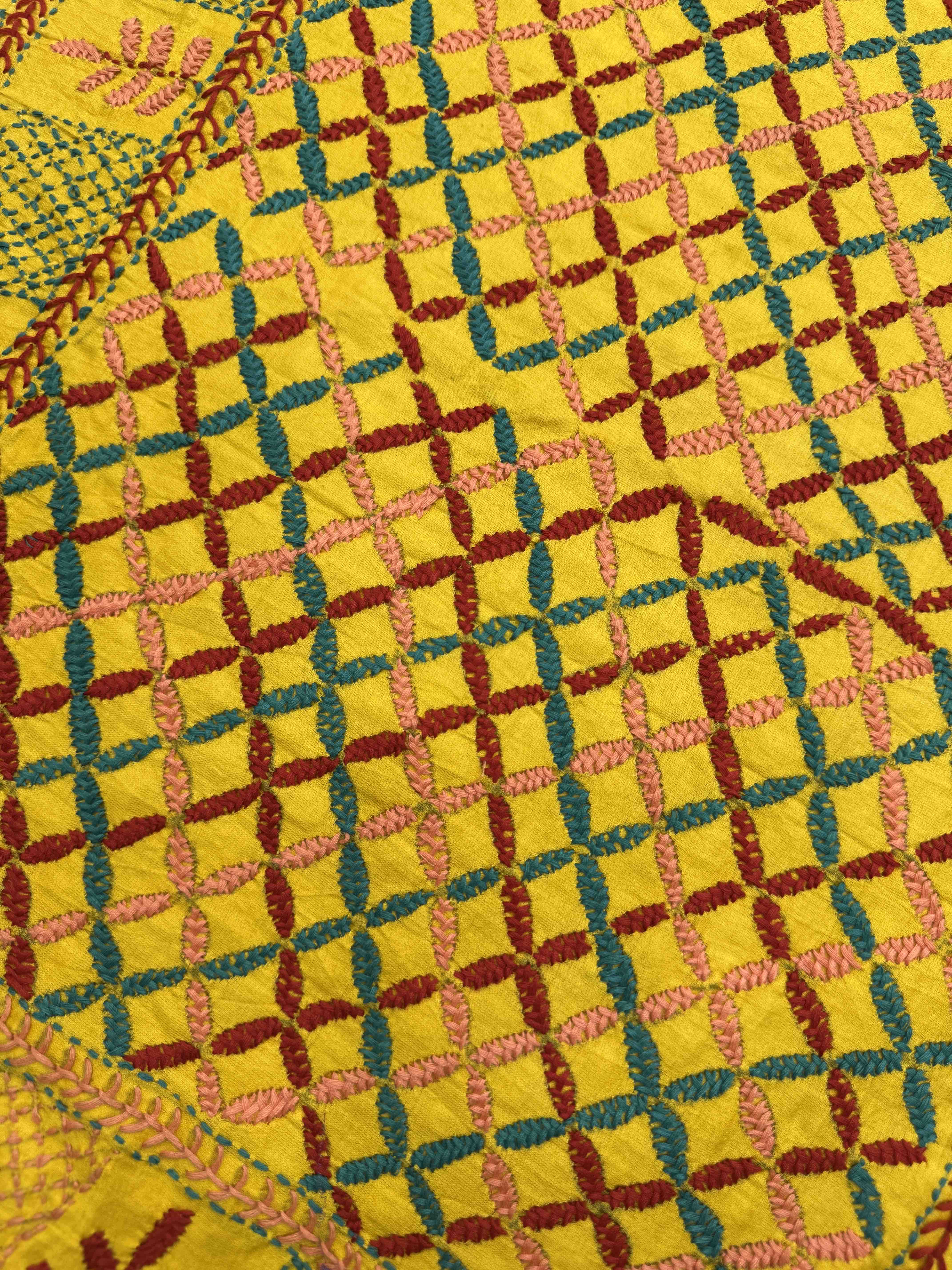 Light Yellow & Green Gajji Silk with Kantha Work in Border Pallu Bandhani Saree
