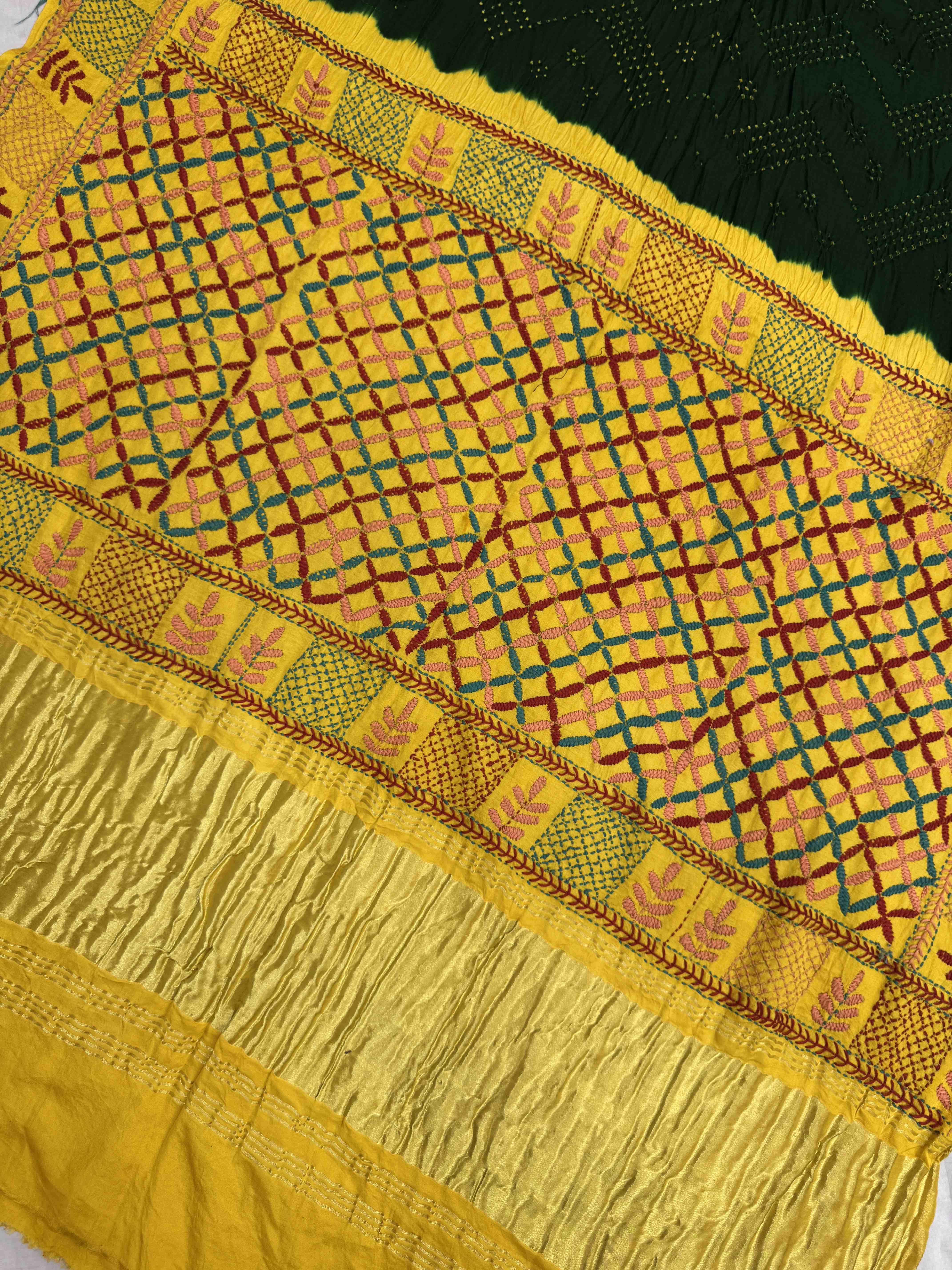 Light Yellow & Green Gajji Silk with Kantha Work in Border Pallu Bandhani Saree