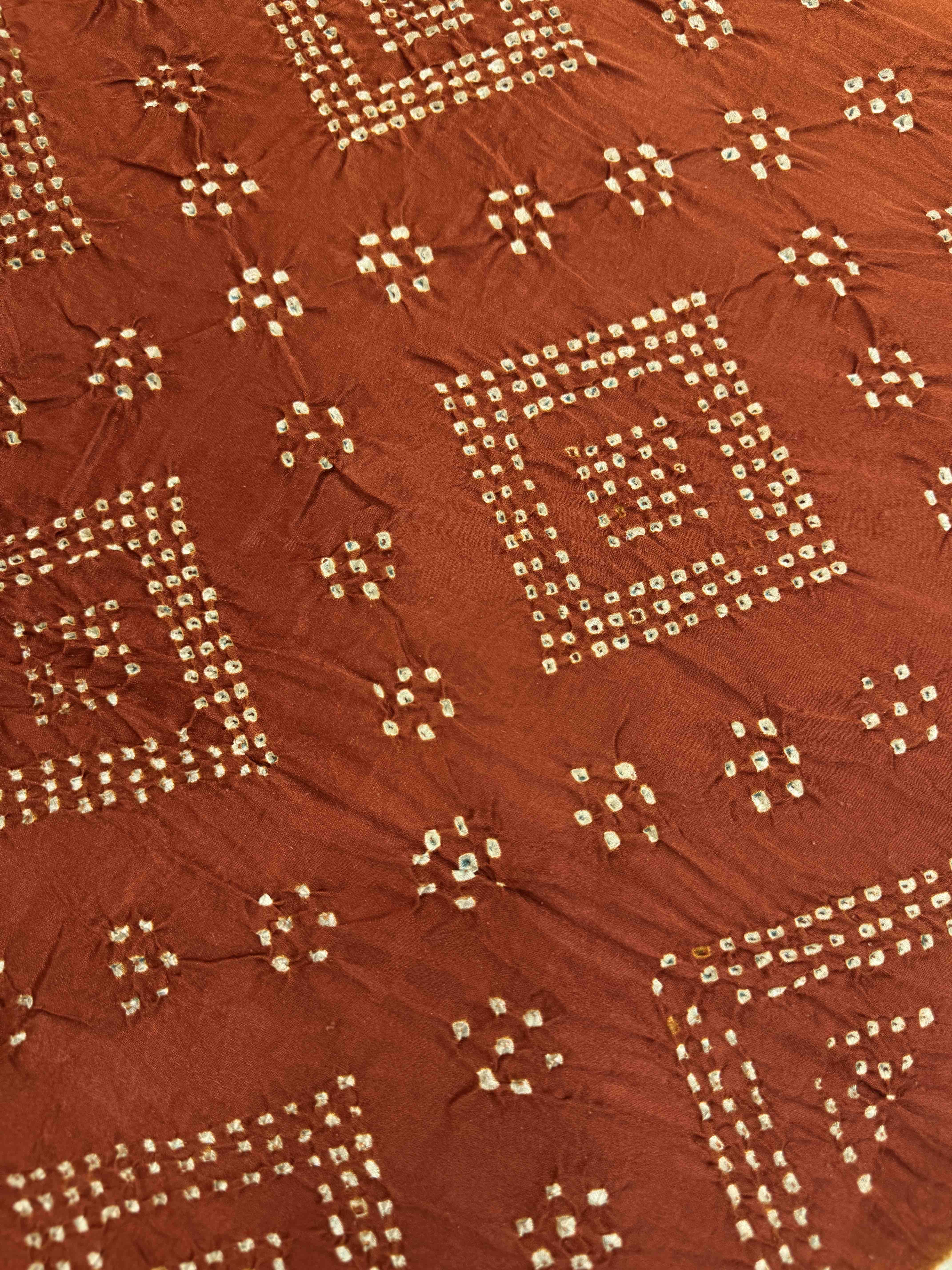 Brown & Off White Gajji Silk with Kantha Work Border Pallu Bandhani Saree