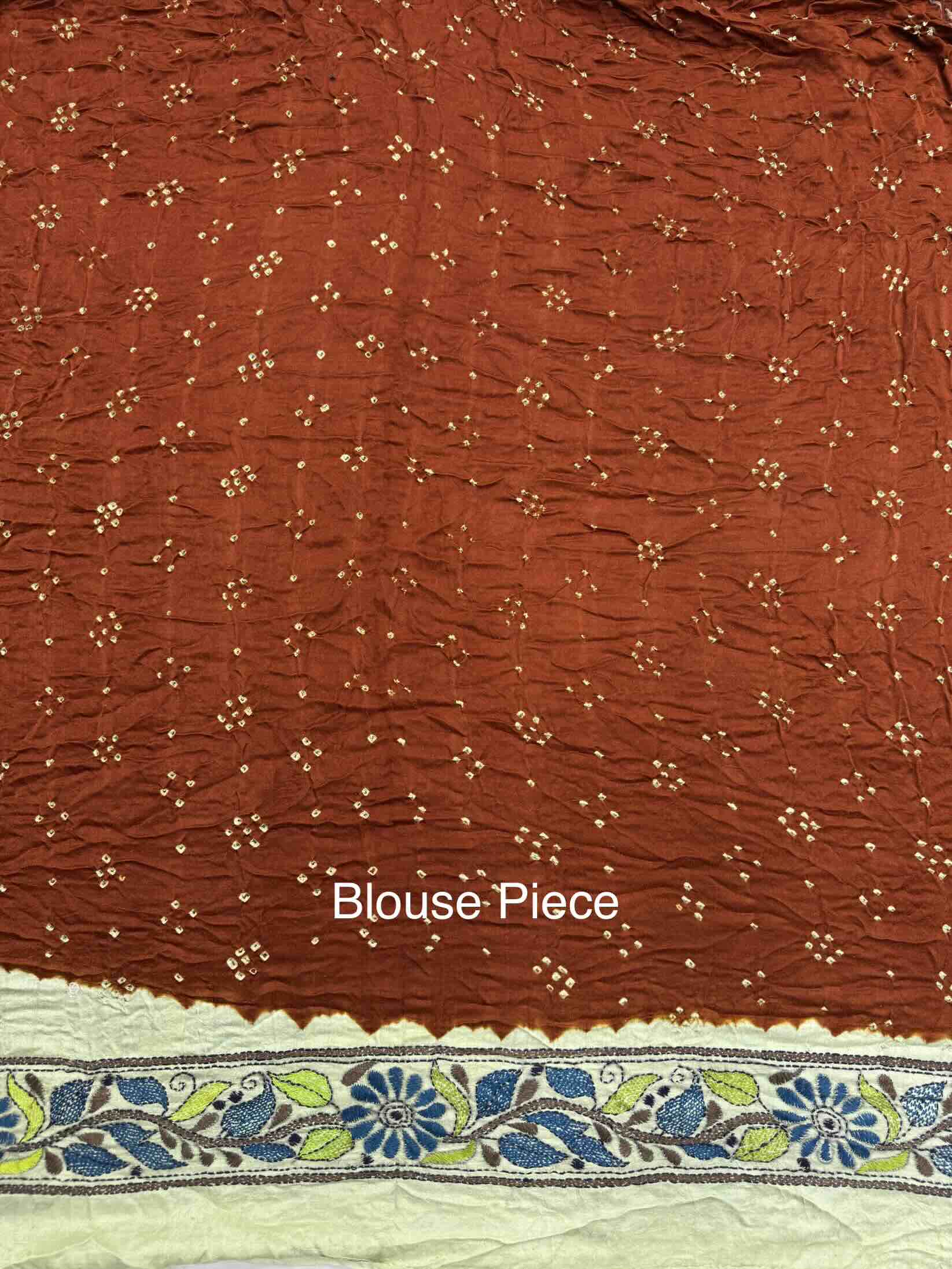 Brown & Off White Gajji Silk with Kantha Work Border Pallu Bandhani Saree