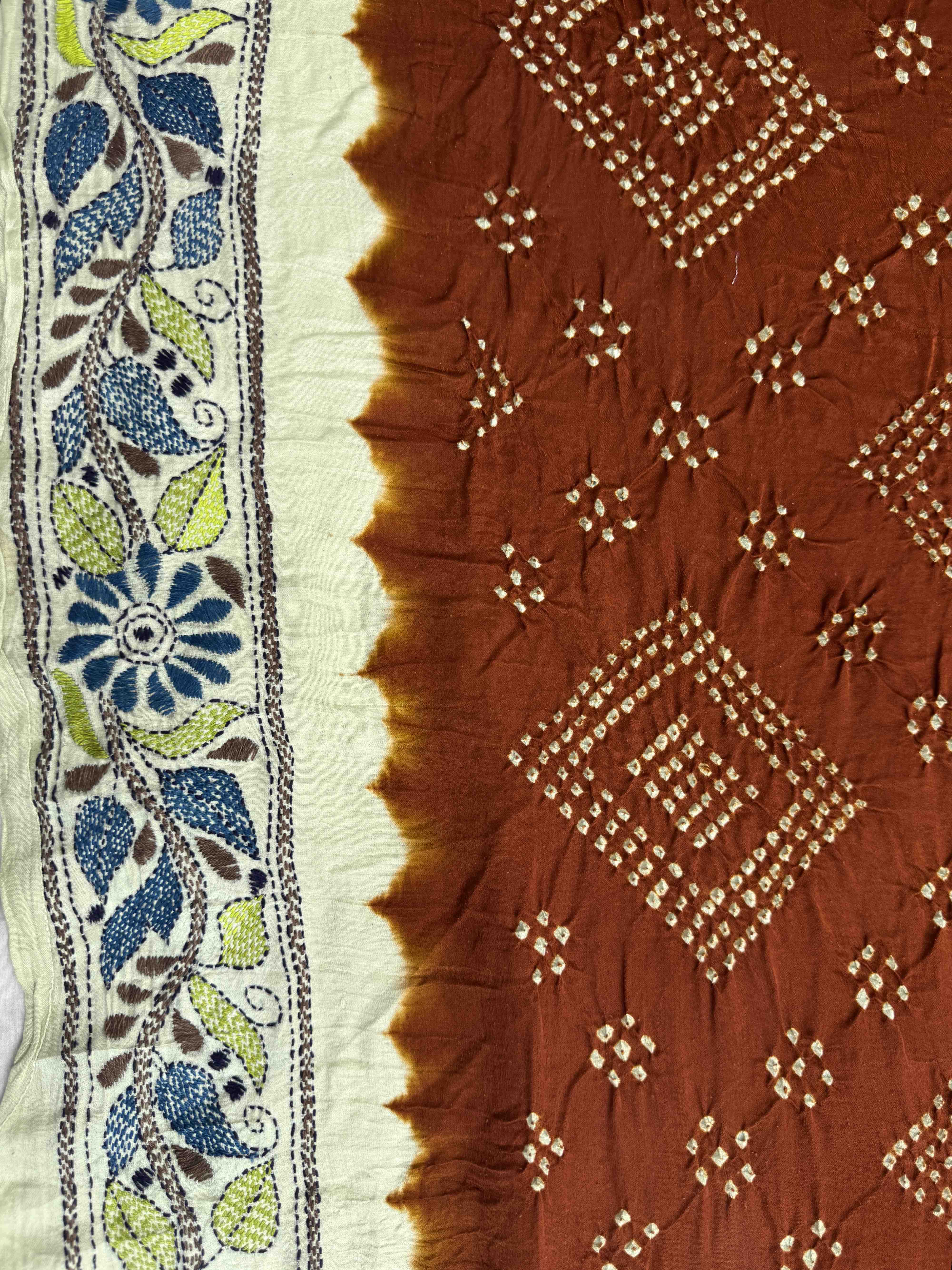 Brown & Off White Gajji Silk with Kantha Work Border Pallu Bandhani Saree