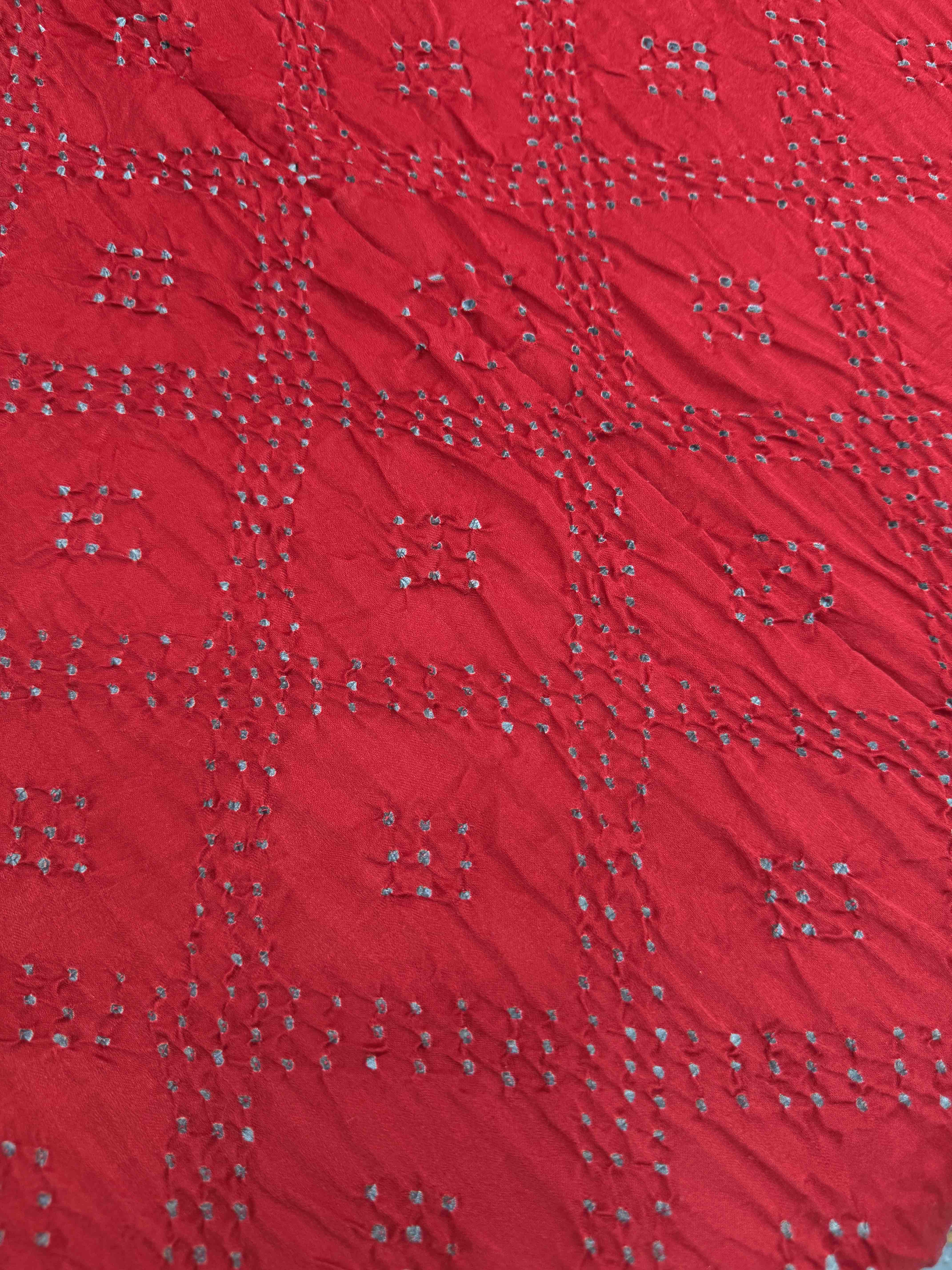 Bluish Grey & Red Gajji Silk with Kantha Work in Border Pallu Bandhani Saree