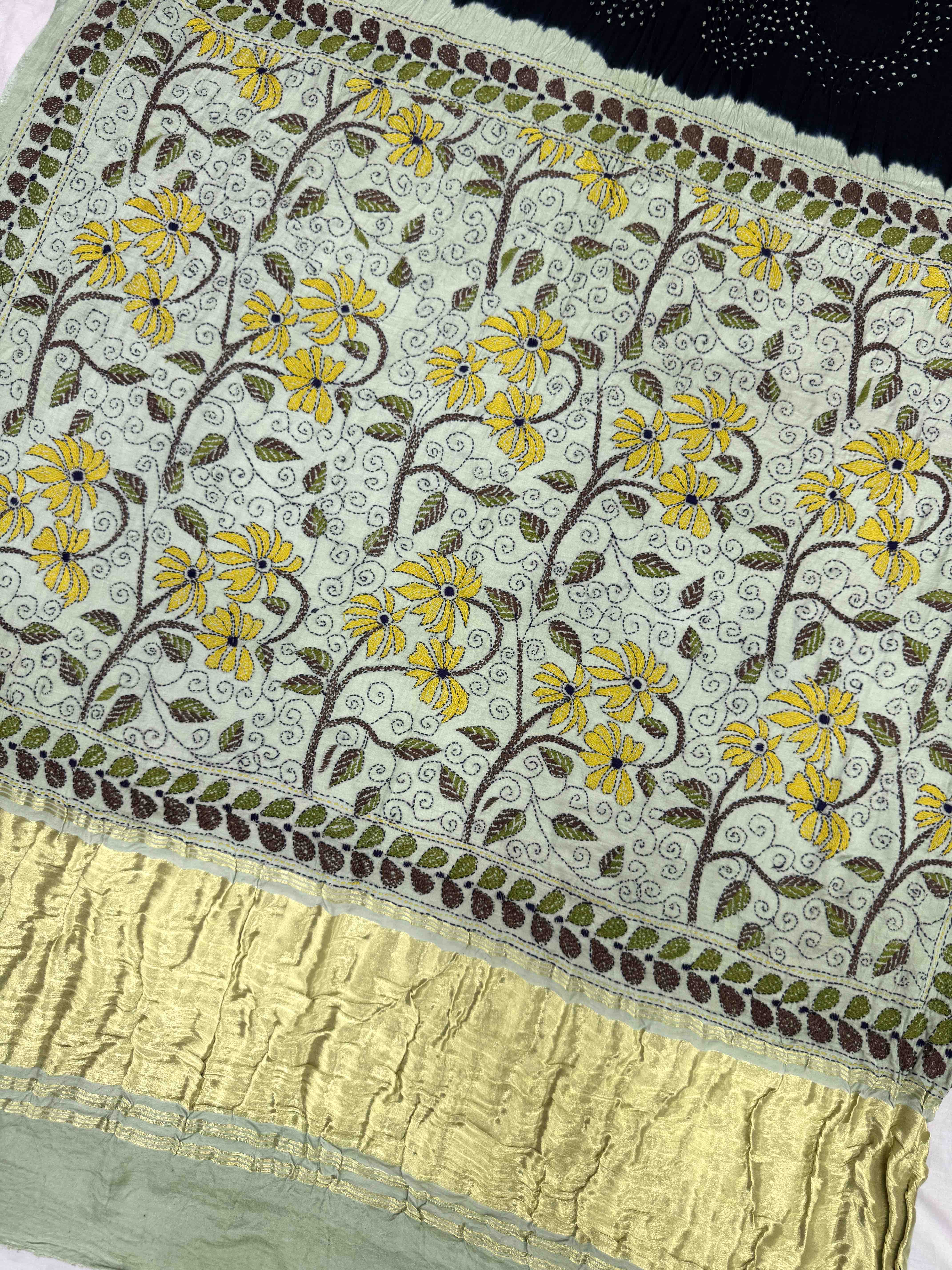 Pista Green & Navy Blue Gajji Silk with Kantha Work Border Pallu Bandhani Saree