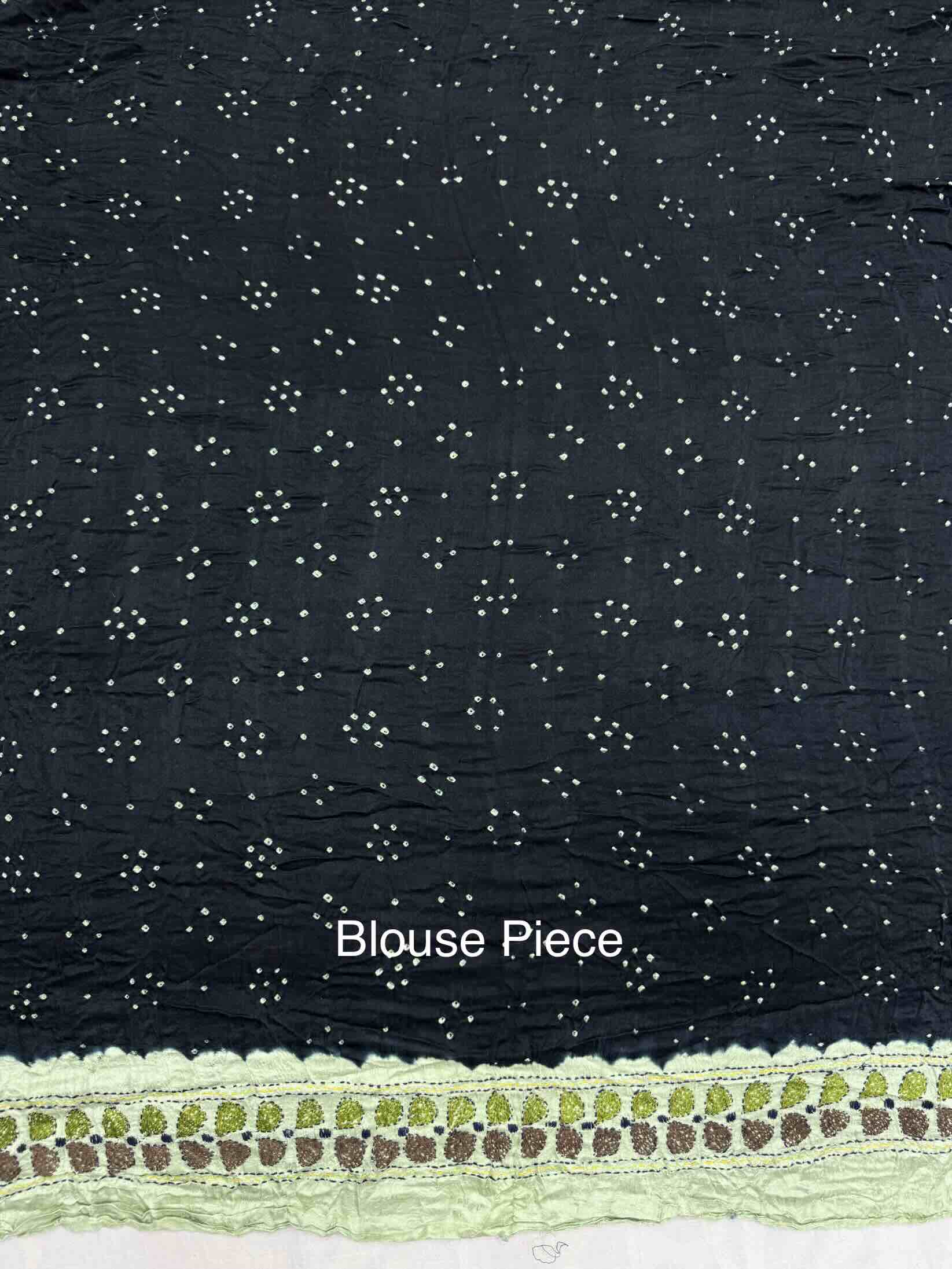 Pista Green & Navy Blue Gajji Silk with Kantha Work Border Pallu Bandhani Saree
