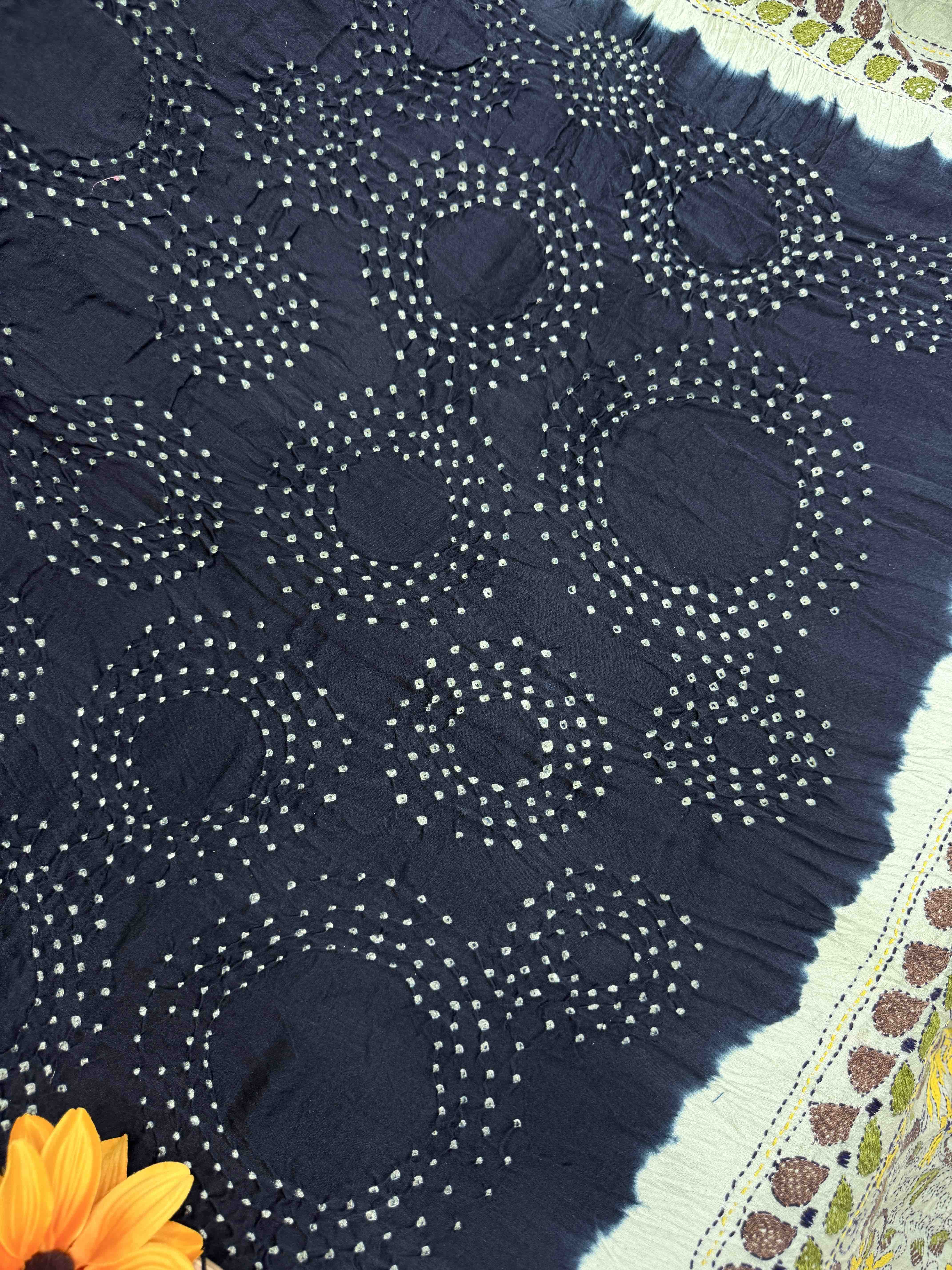 Pista Green & Navy Blue Gajji Silk with Kantha Work Border Pallu Bandhani Saree
