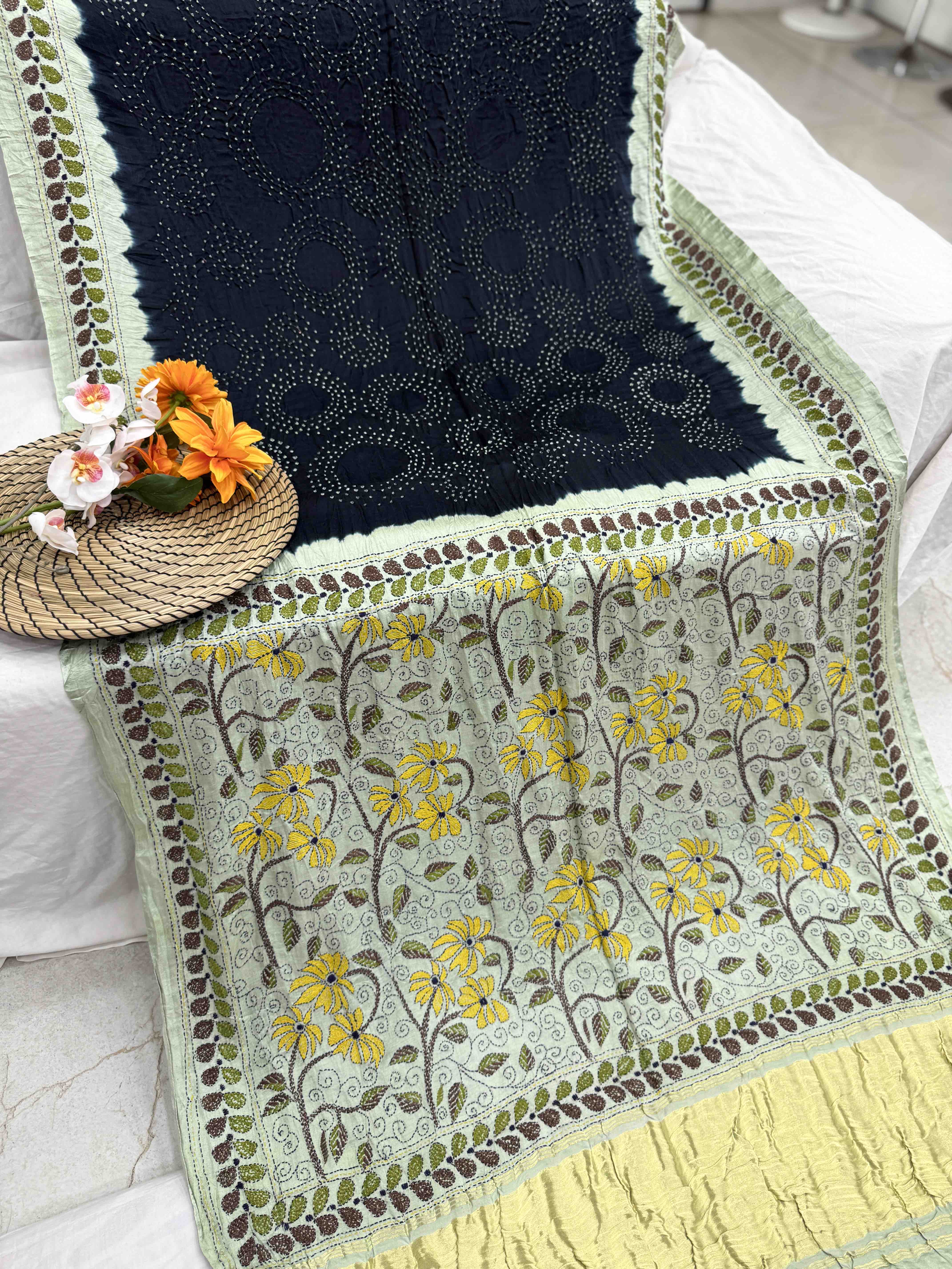 Pista Green & Navy Blue Gajji Silk with Kantha Work Border Pallu Bandhani Saree