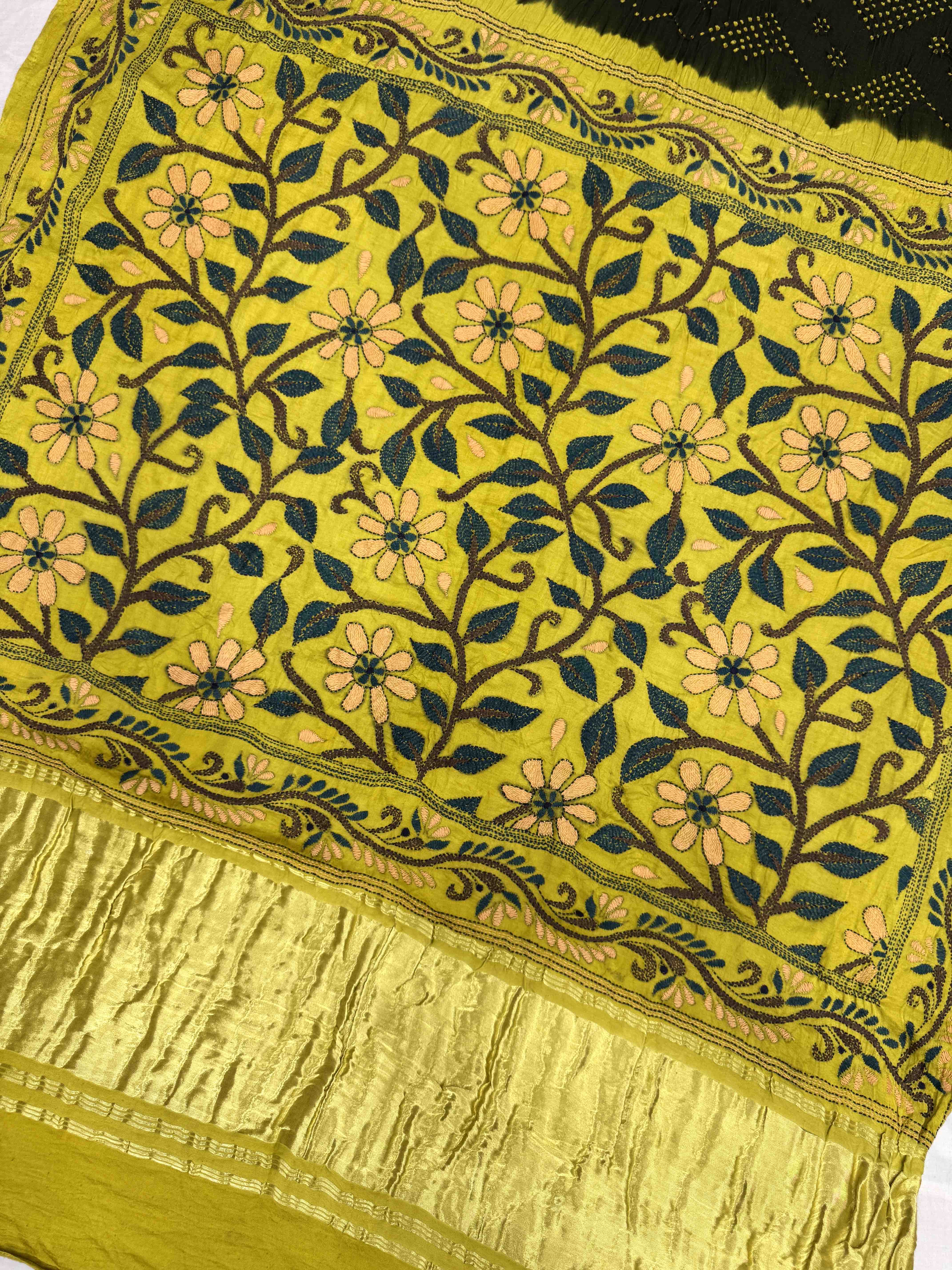 Light Mustard Yellow & Mehendi Gajji Silk with Kantha Work Border Pallu Bandhani Saree