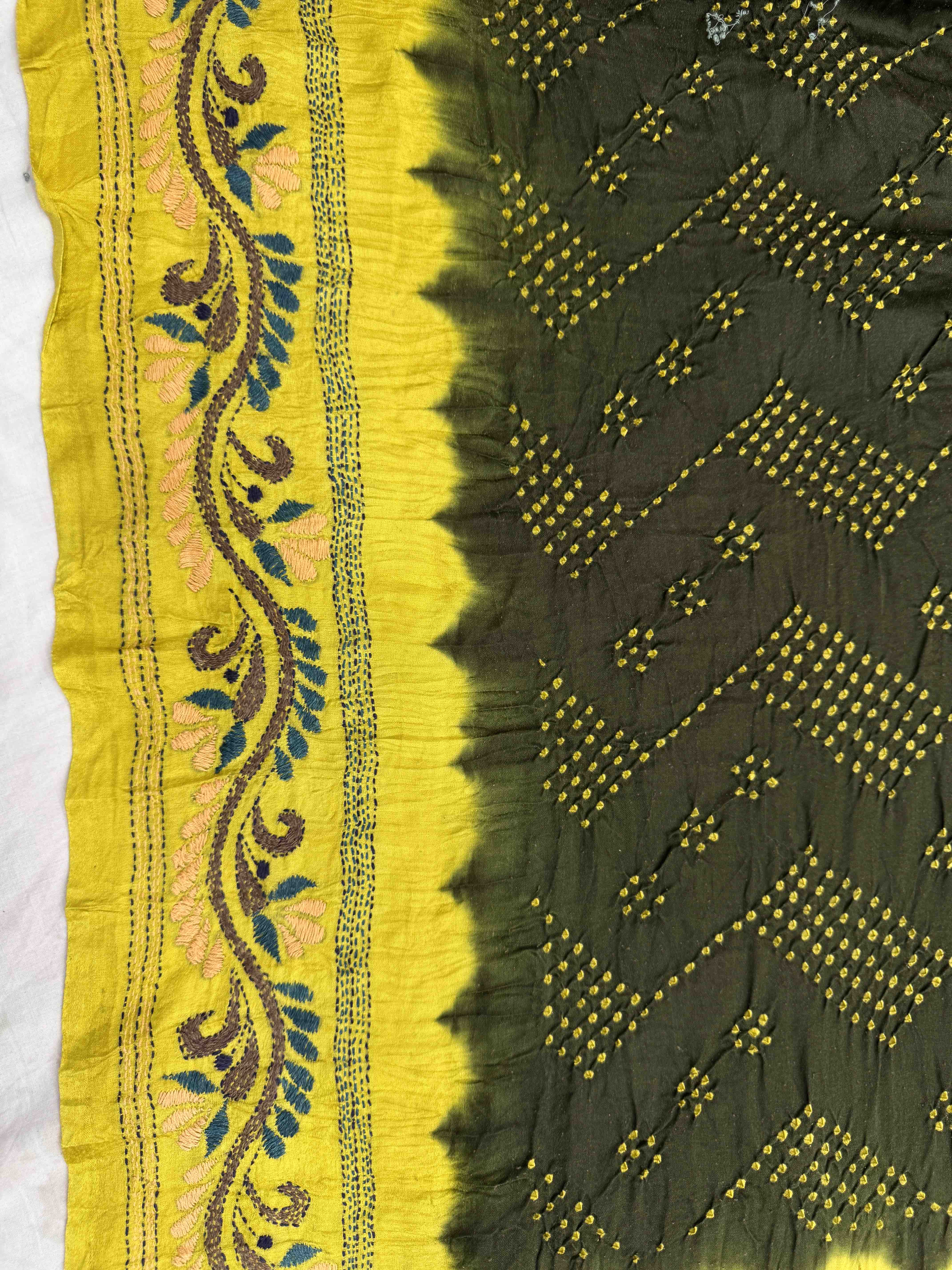 Light Mustard Yellow & Mehendi Gajji Silk with Kantha Work Border Pallu Bandhani Saree