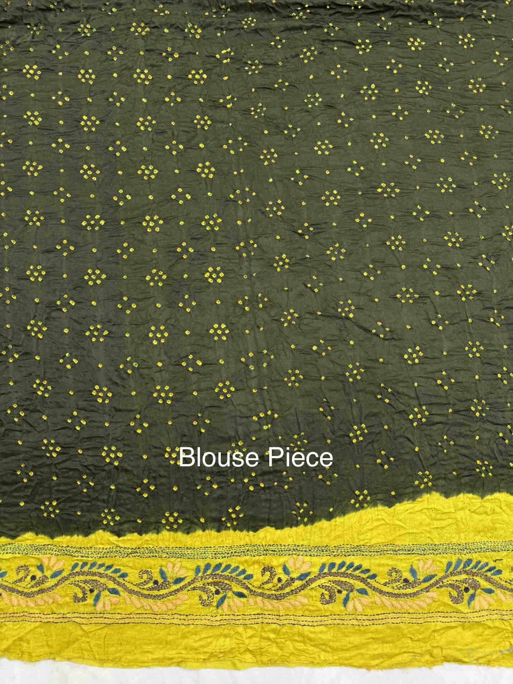 Light Mustard Yellow & Mehendi Gajji Silk with Kantha Work Border Pallu Bandhani Saree