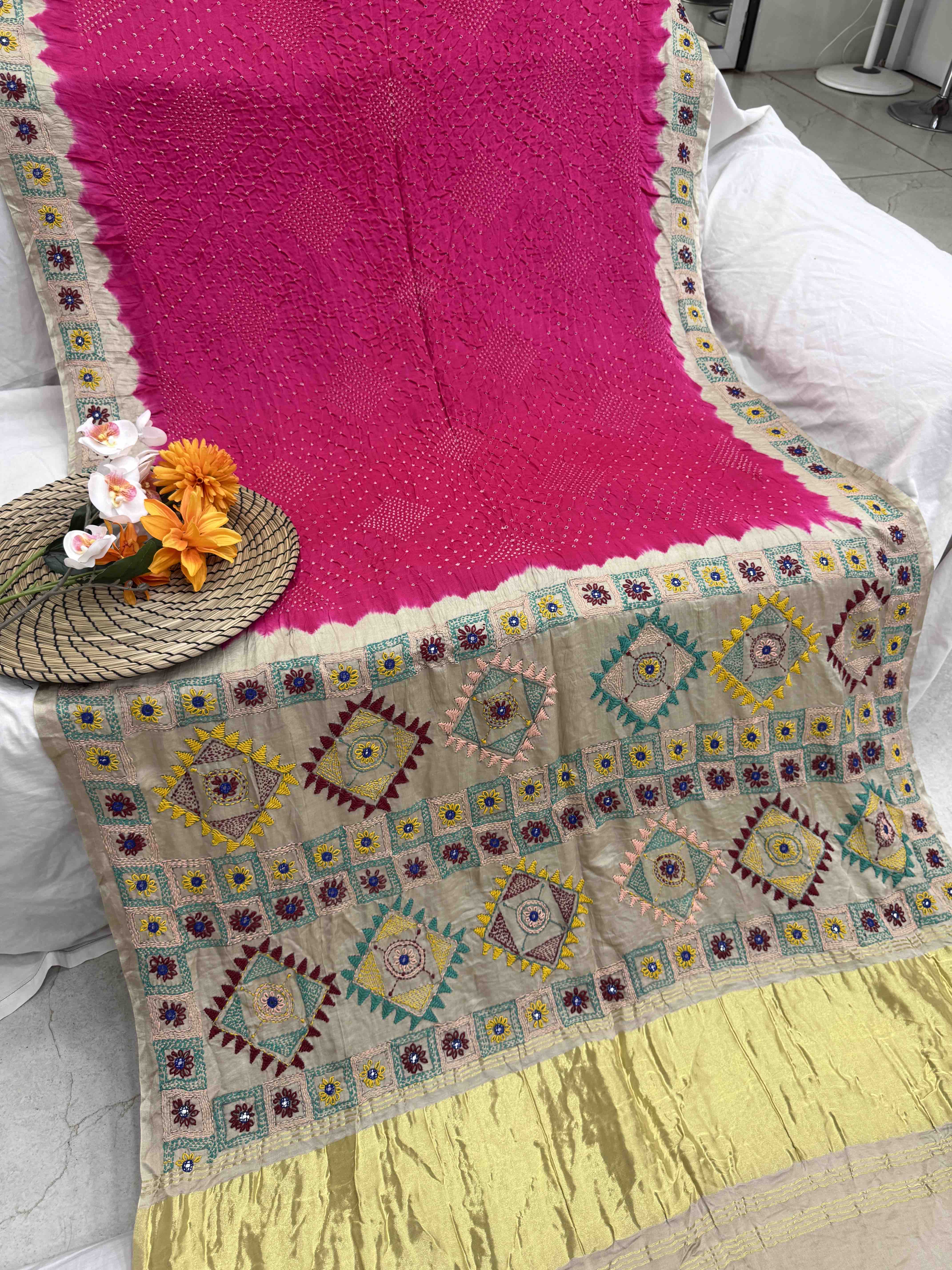 Off White Tasar & Pink Gajji Silk with Kantha Work Border Pallu Bandhani Saree