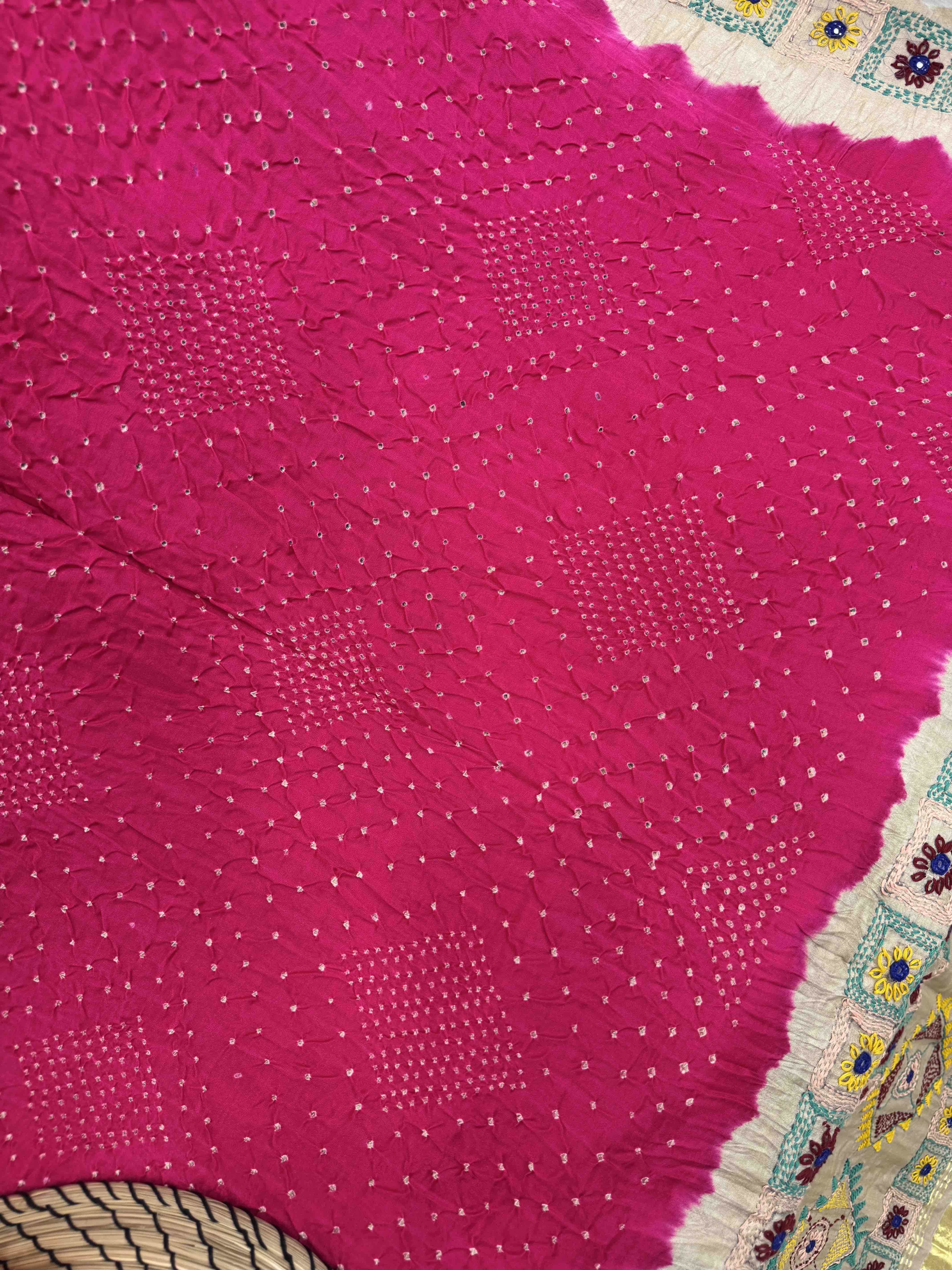 Off White Tasar & Pink Gajji Silk with Kantha Work Border Pallu Bandhani Saree