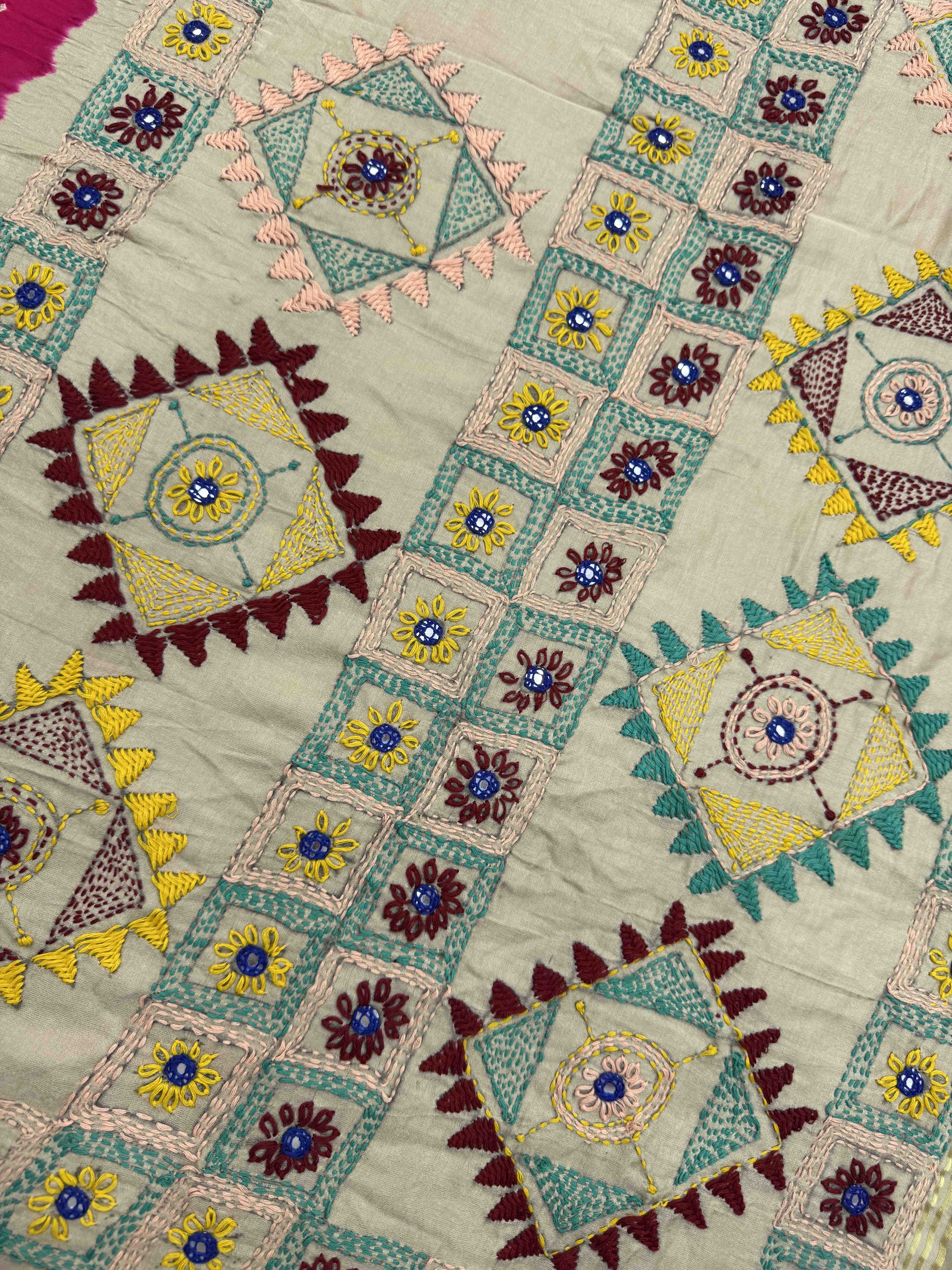 Off White Tasar & Pink Gajji Silk with Kantha Work Border Pallu Bandhani Saree