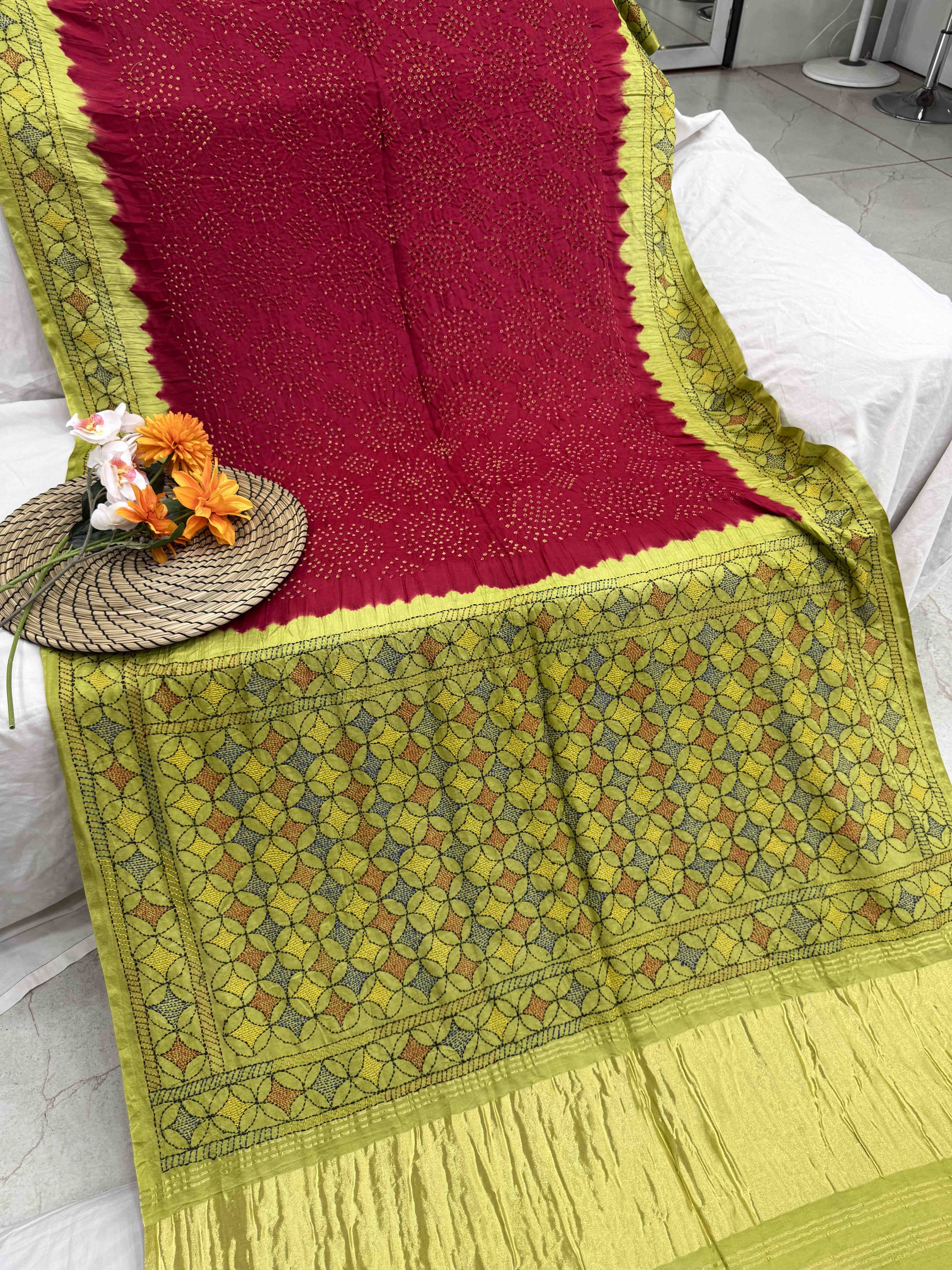 Light Green & Red Gajji Silk with Kantha Work Border Pallu Bandhani Saree