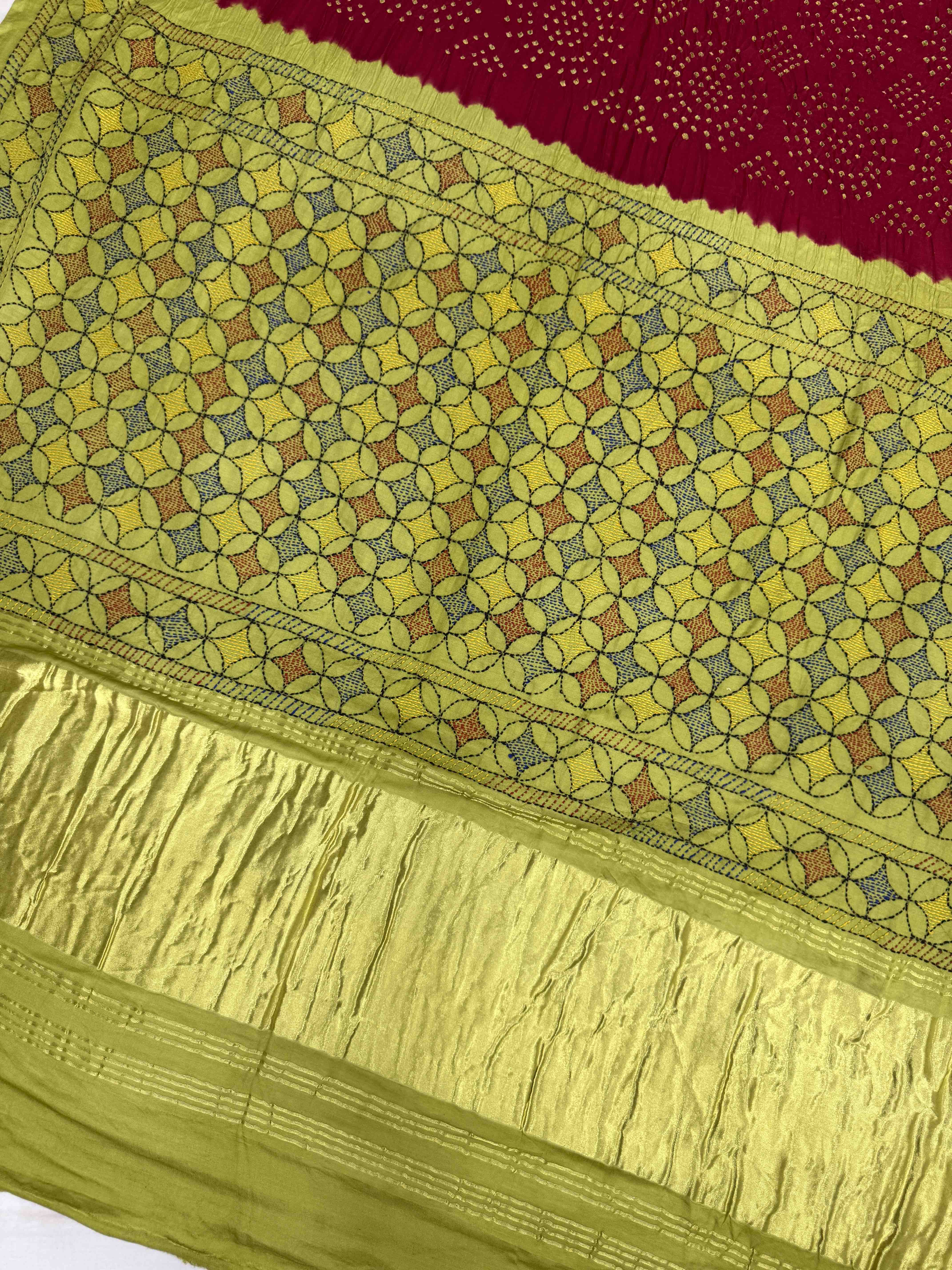 Light Green & Red Gajji Silk with Kantha Work Border Pallu Bandhani Saree