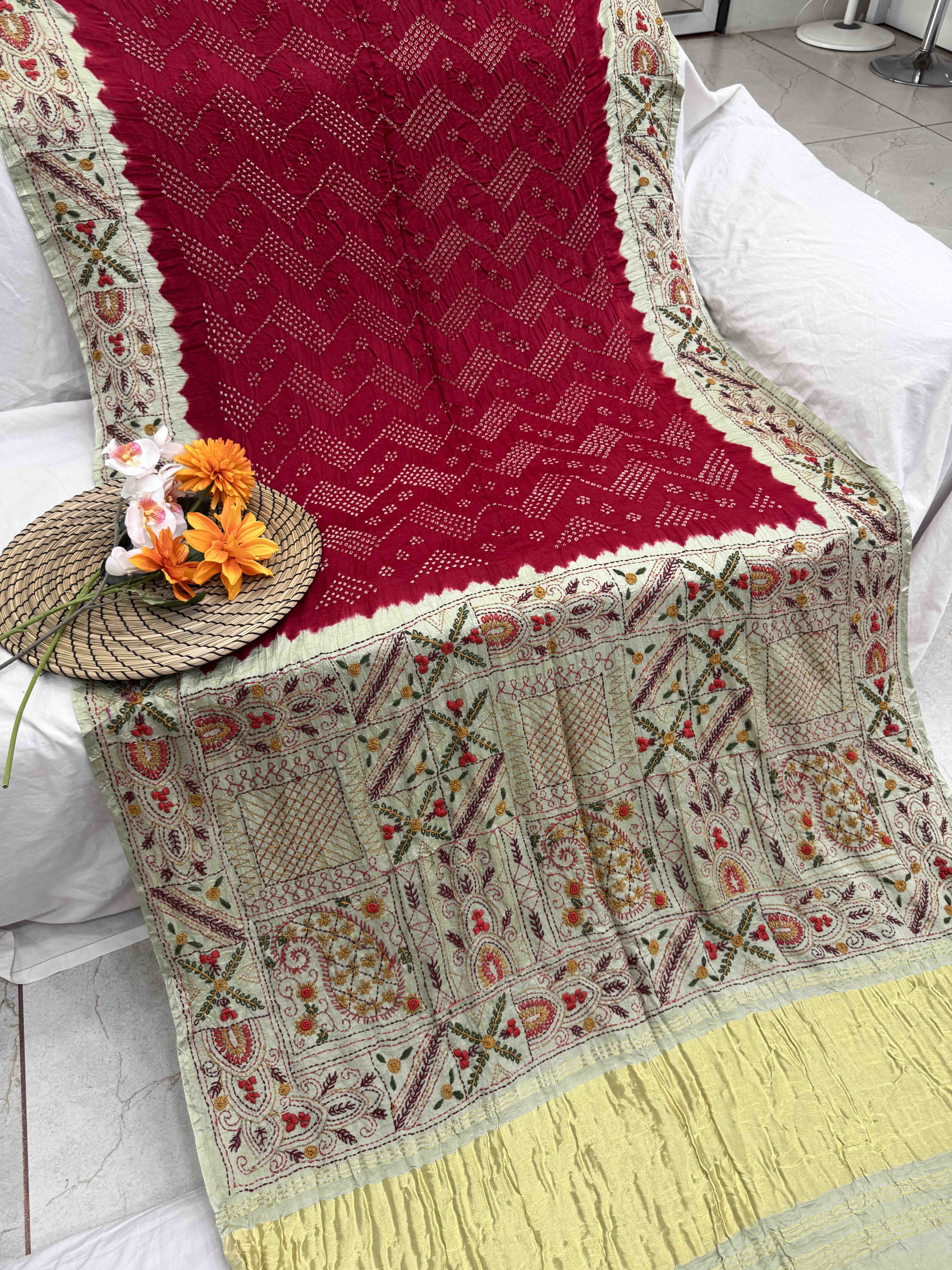 Pista Light Green & Red Gajji Silk with Kantha Work Border Pallu Bandhani Saree