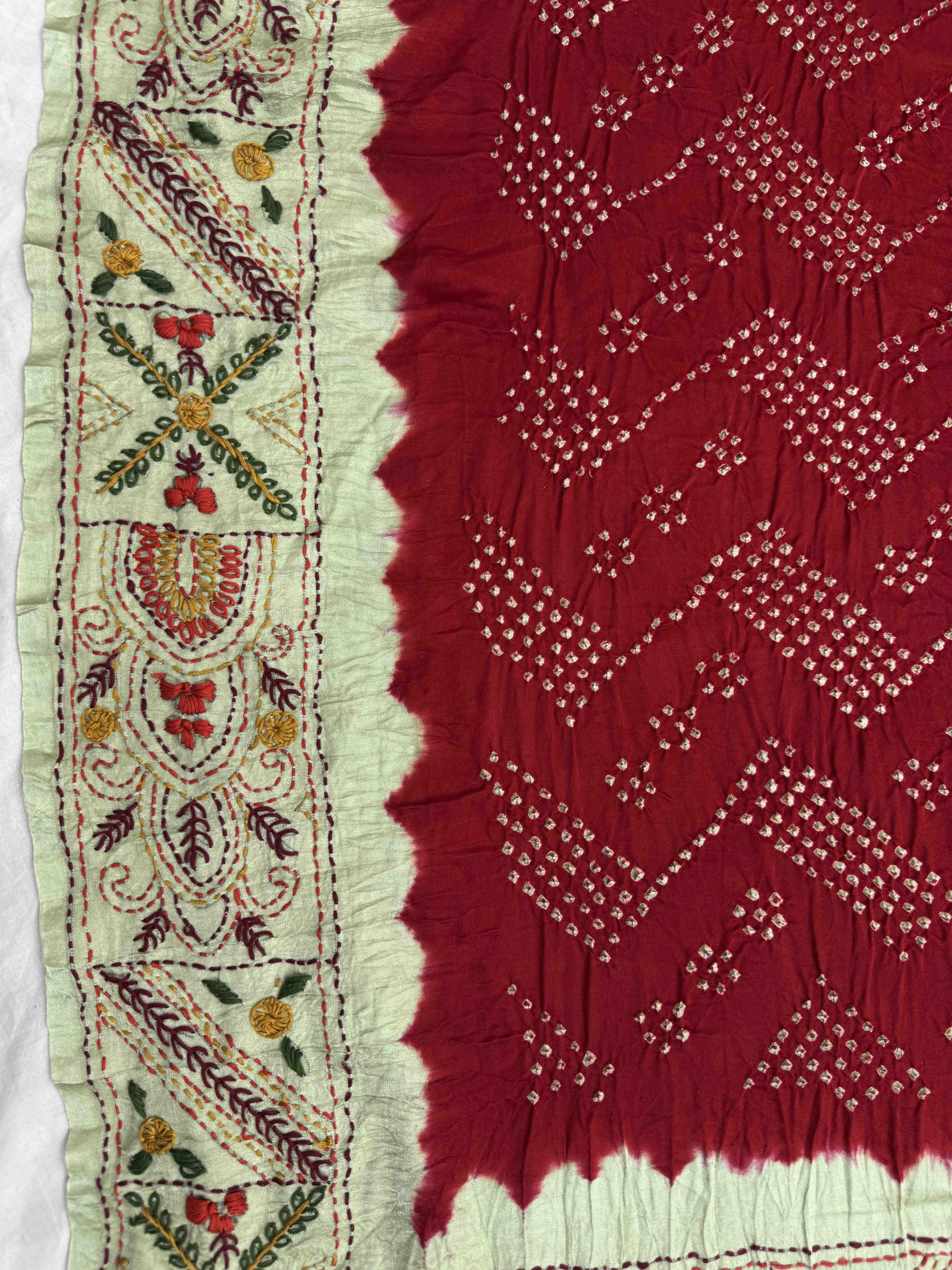 Pista Light Green & Red Gajji Silk with Kantha Work Border Pallu Bandhani Saree