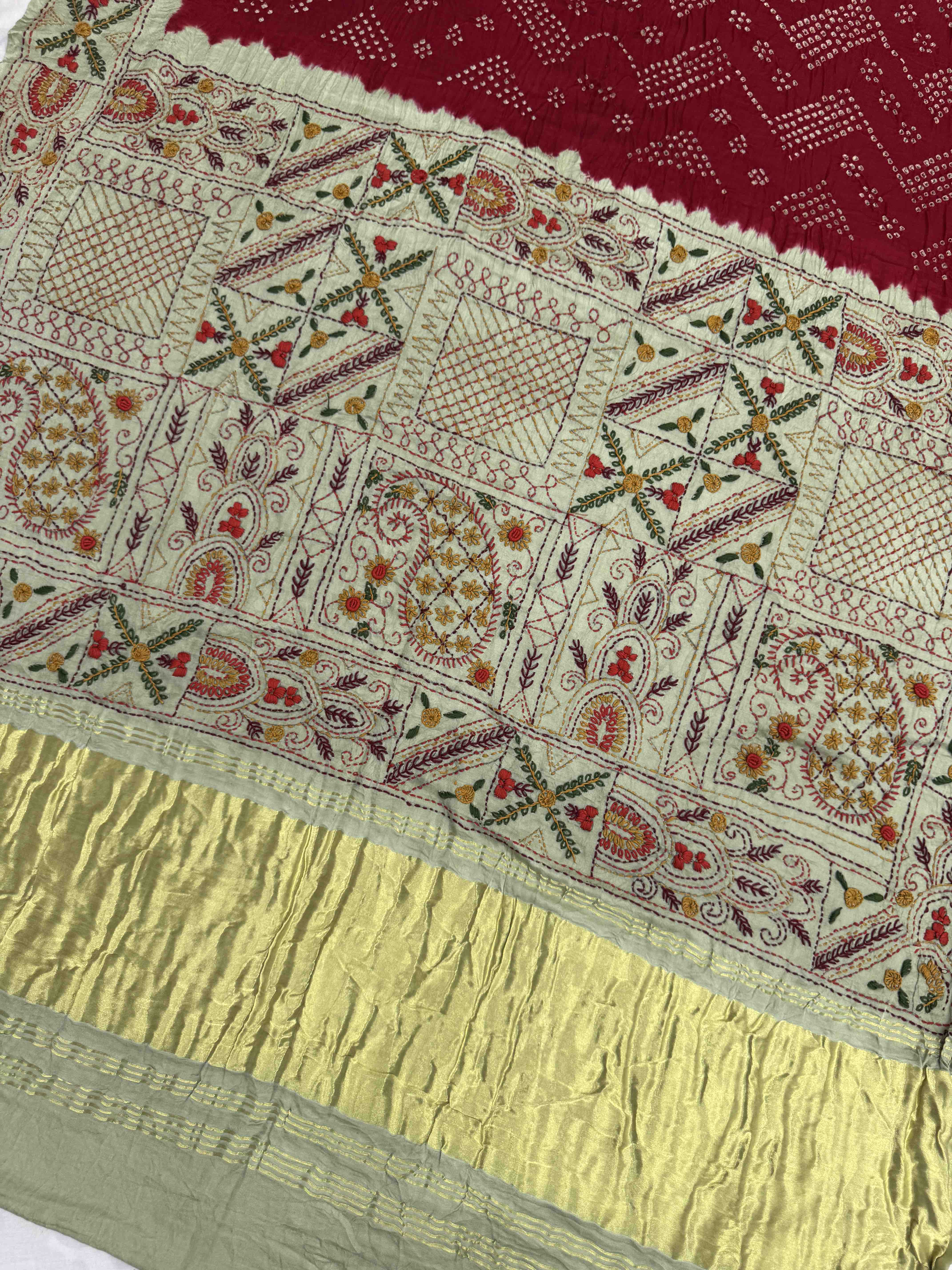 Pista Light Green & Red Gajji Silk with Kantha Work Border Pallu Bandhani Saree