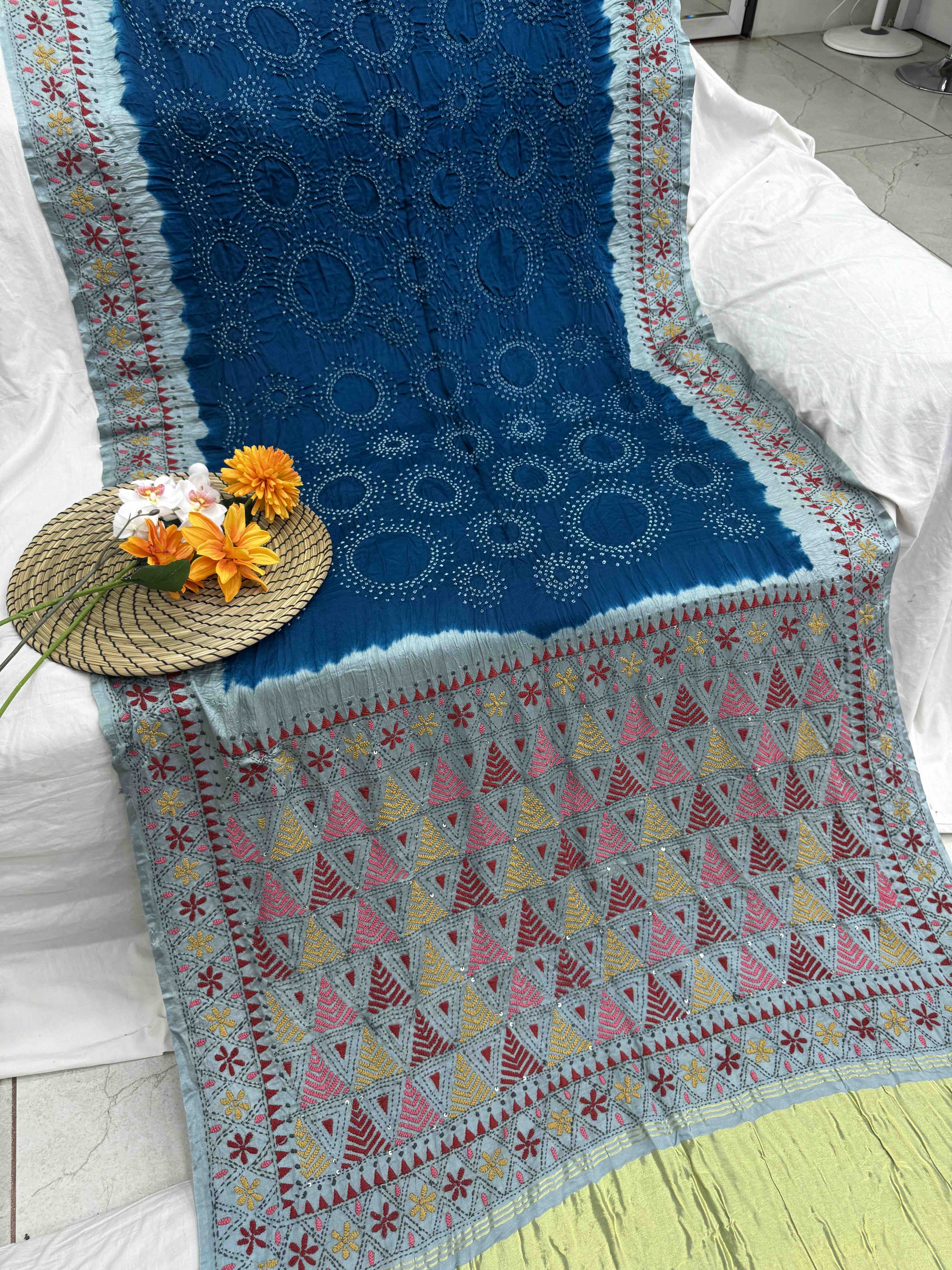 Bluish Grey & Rama Blue Gajji Silk with Kantha Work Border Pallu Bandhani Saree