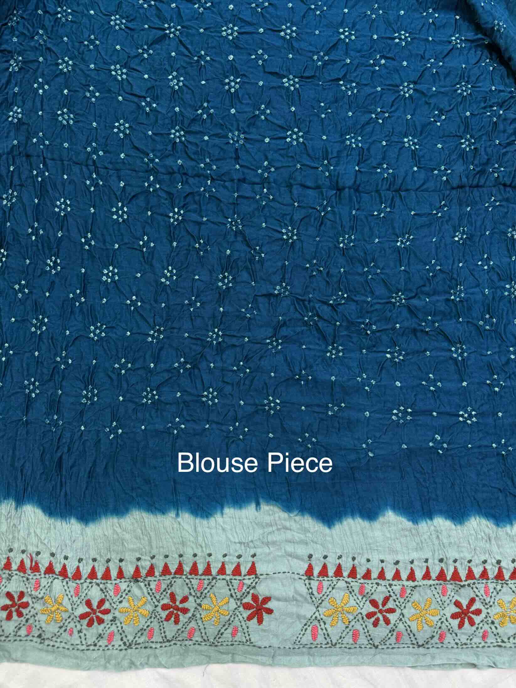 Bluish Grey & Rama Blue Gajji Silk with Kantha Work Border Pallu Bandhani Saree