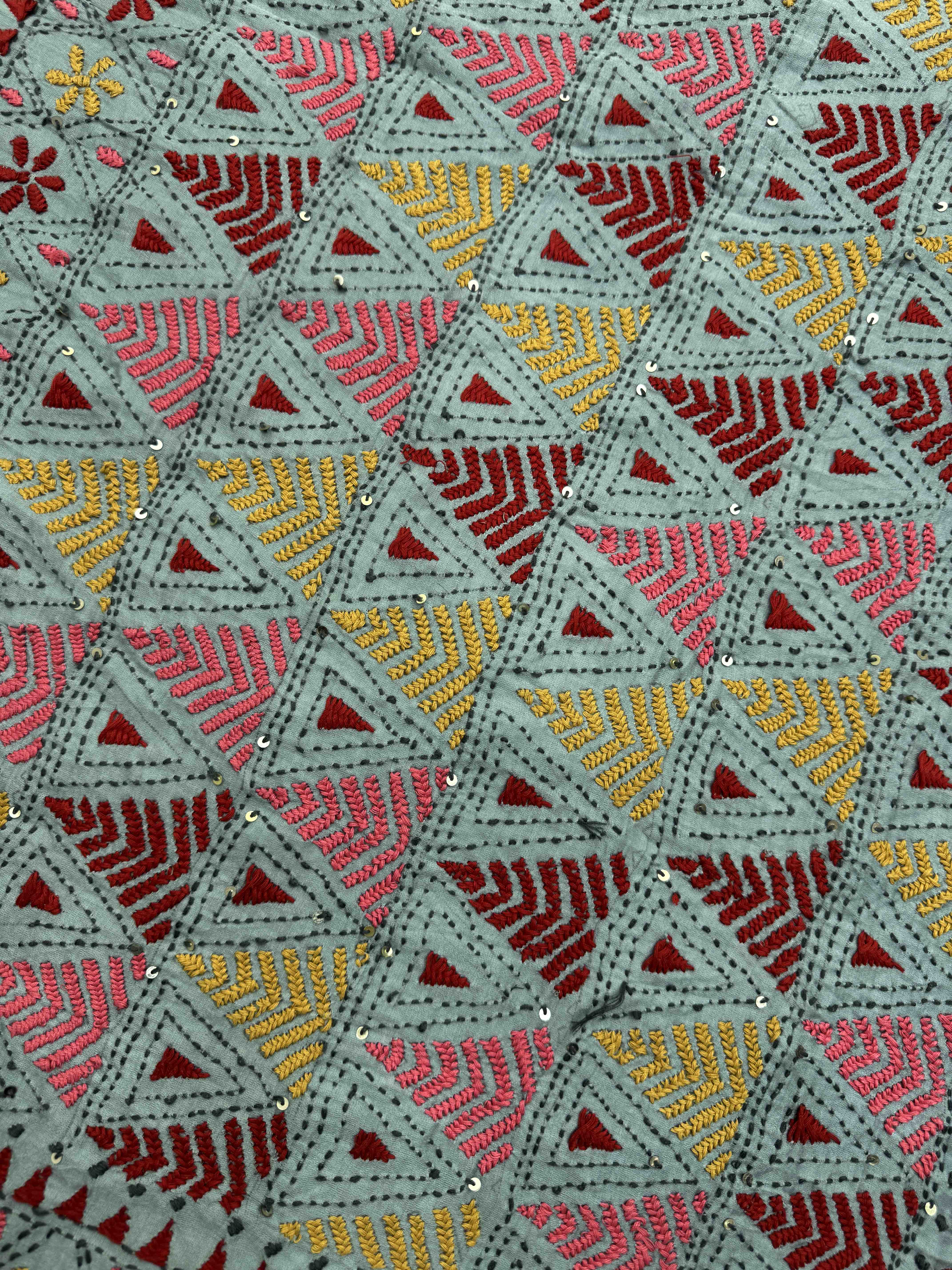 Bluish Grey & Rama Blue Gajji Silk with Kantha Work Border Pallu Bandhani Saree