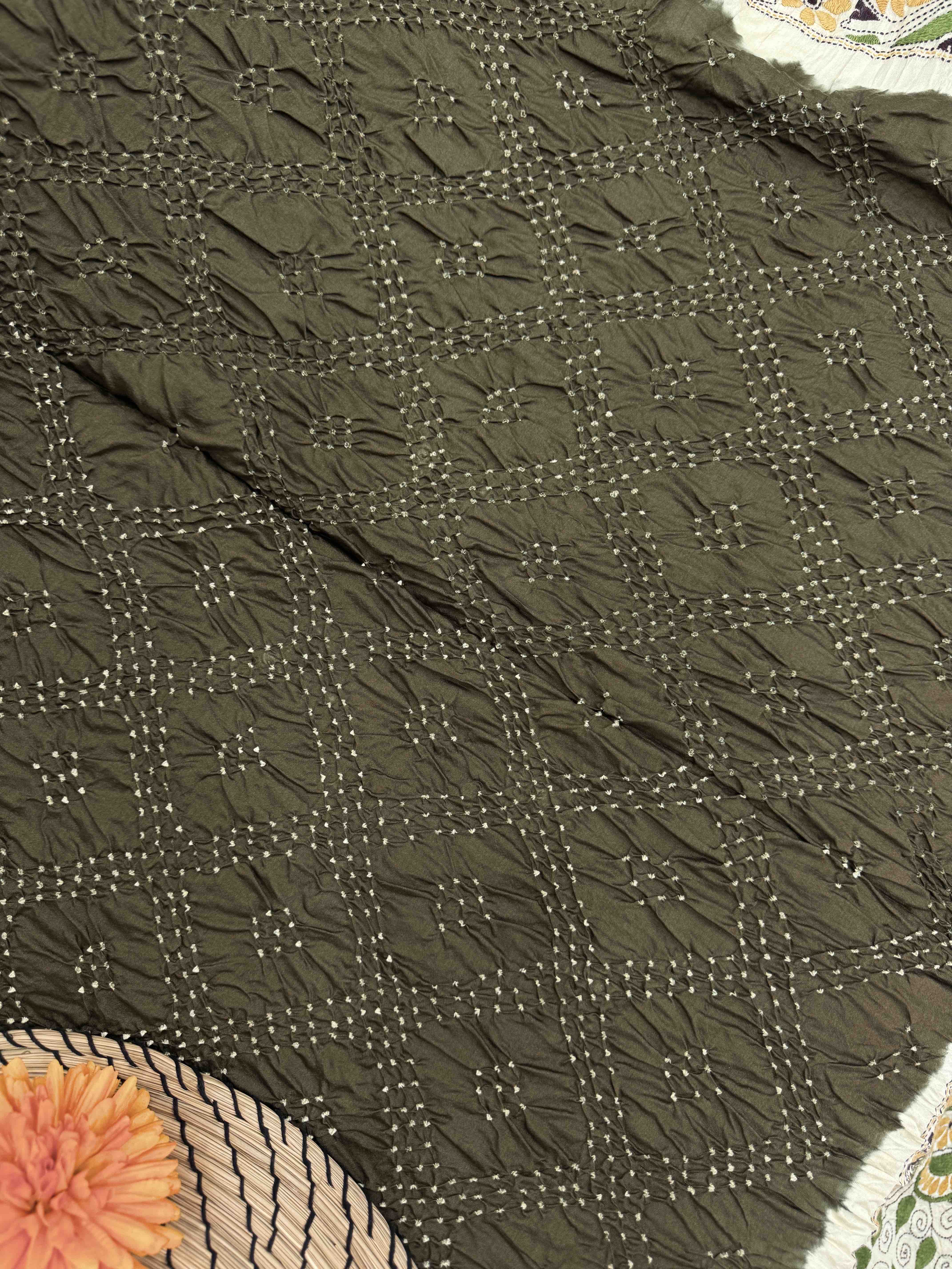Off White & Mehendi Chinia Silk with Kantha Work Border Pallu Bandhani Saree