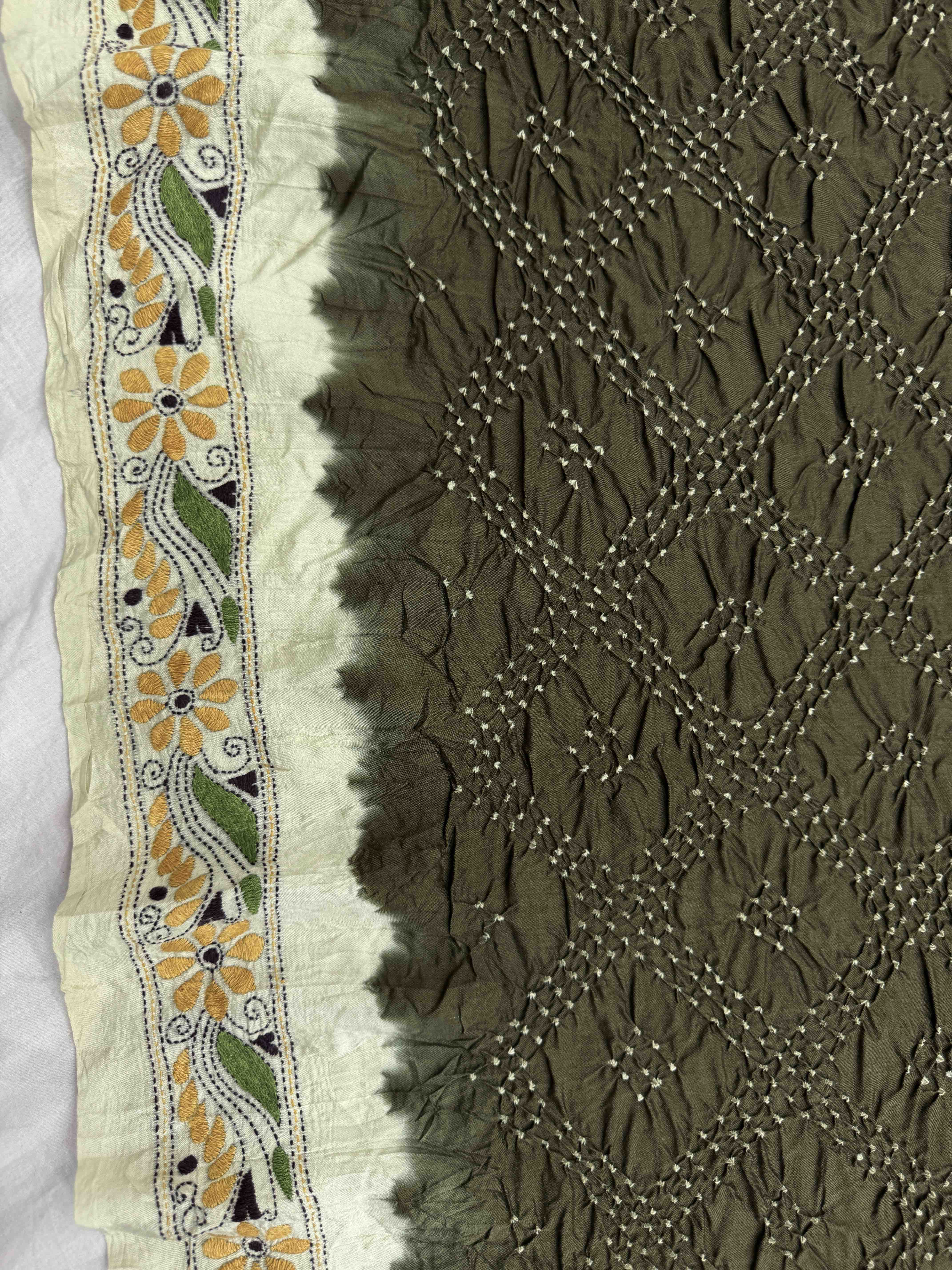 Off White & Mehendi Chinia Silk with Kantha Work Border Pallu Bandhani Saree