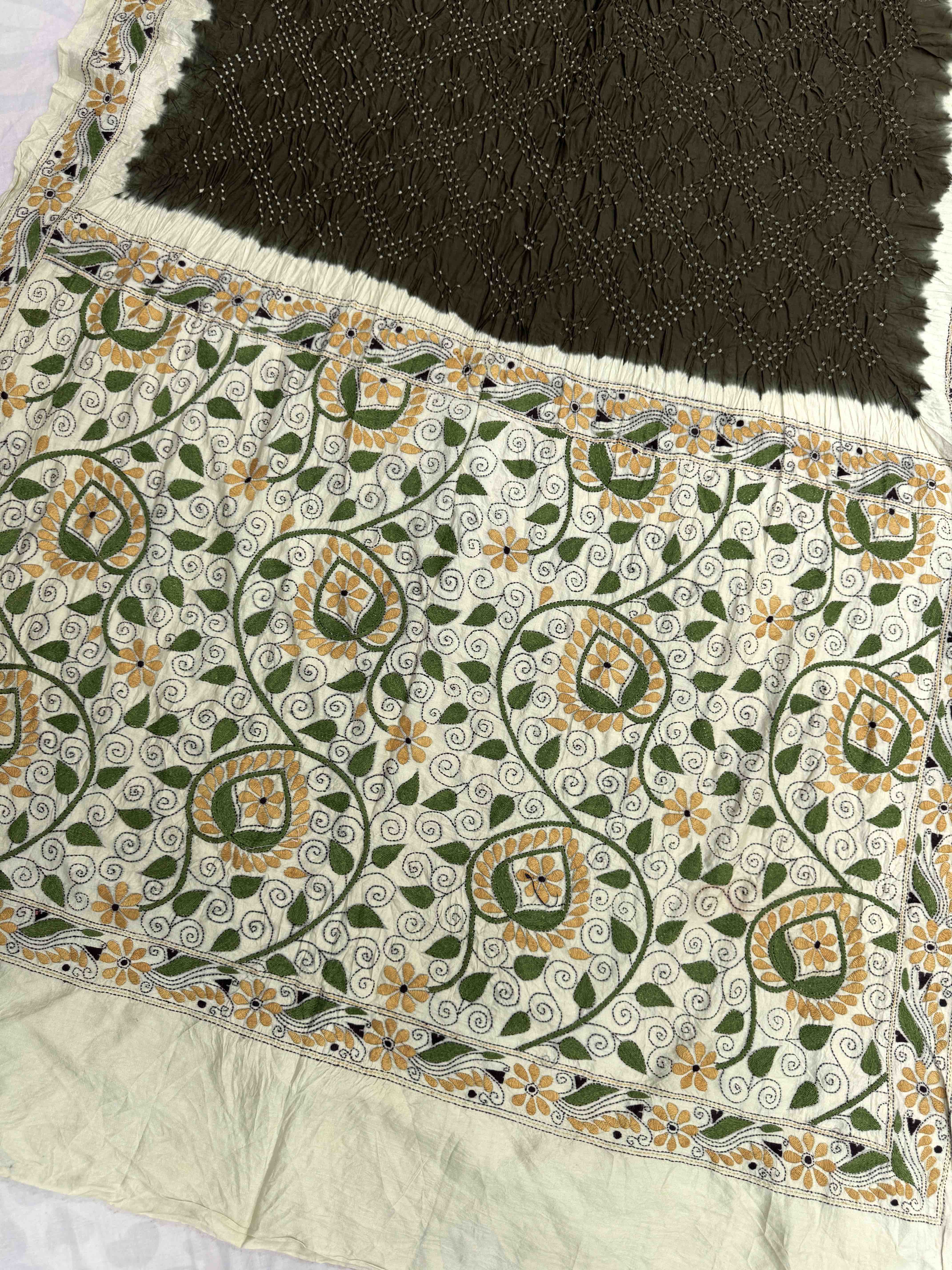 Off White & Mehendi Chinia Silk with Kantha Work Border Pallu Bandhani Saree