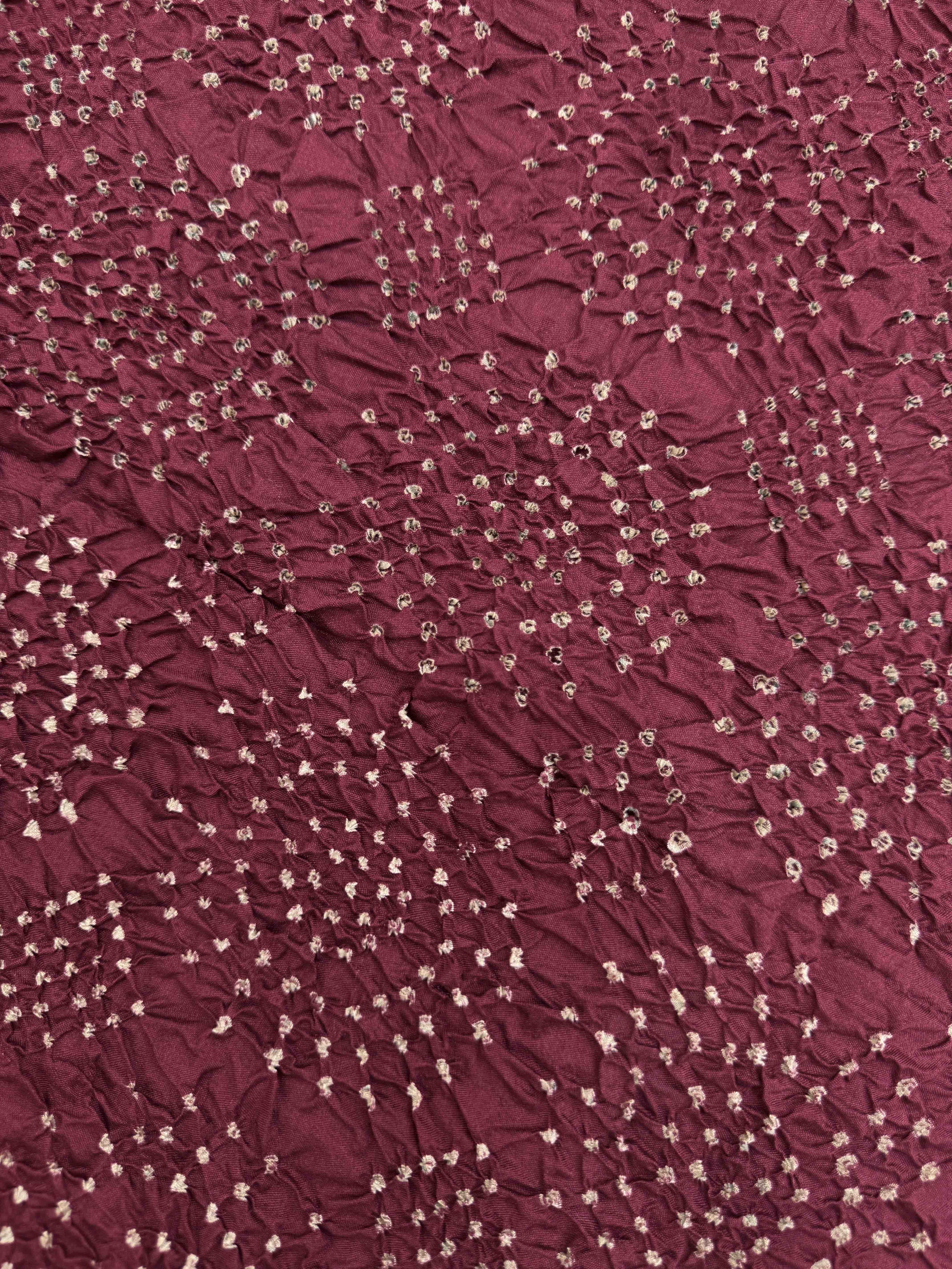 Off White & Maroon Chinia Silk with Kantha Work Border Pallu Bandhani Saree