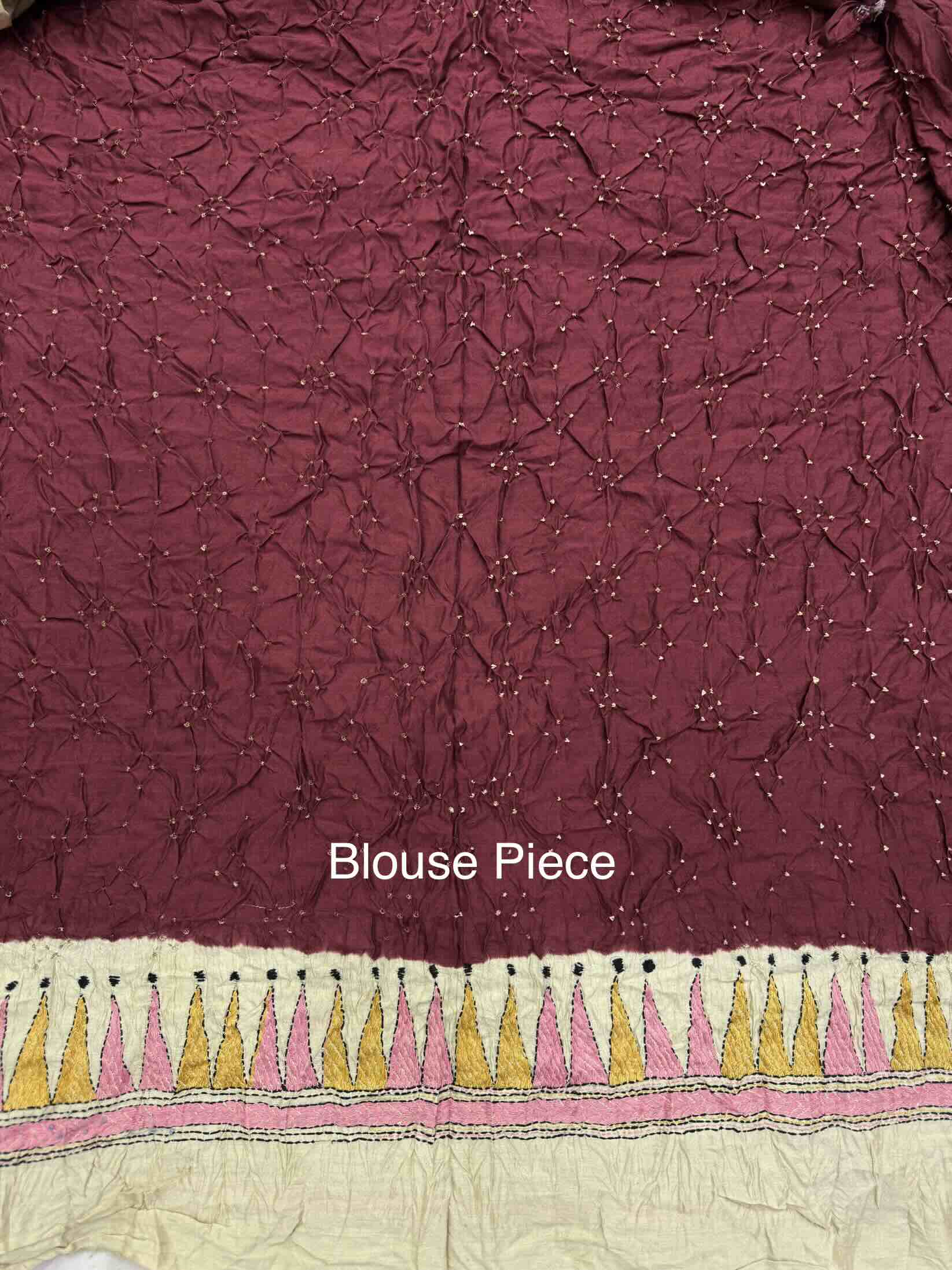 Off White & Maroon Chinia Silk with Kantha Work Border Pallu Bandhani Saree