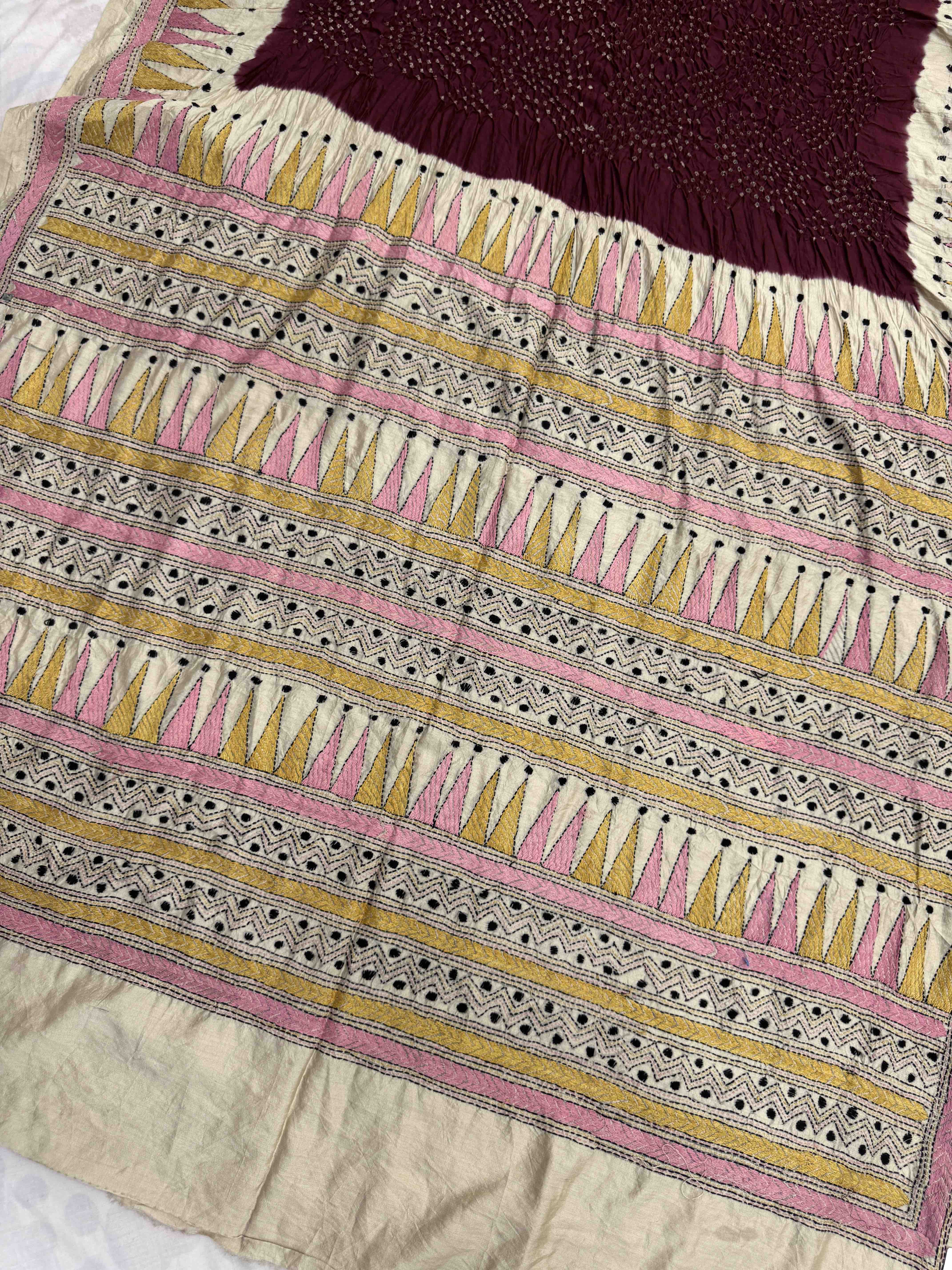 Off White & Maroon Chinia Silk with Kantha Work Border Pallu Bandhani Saree