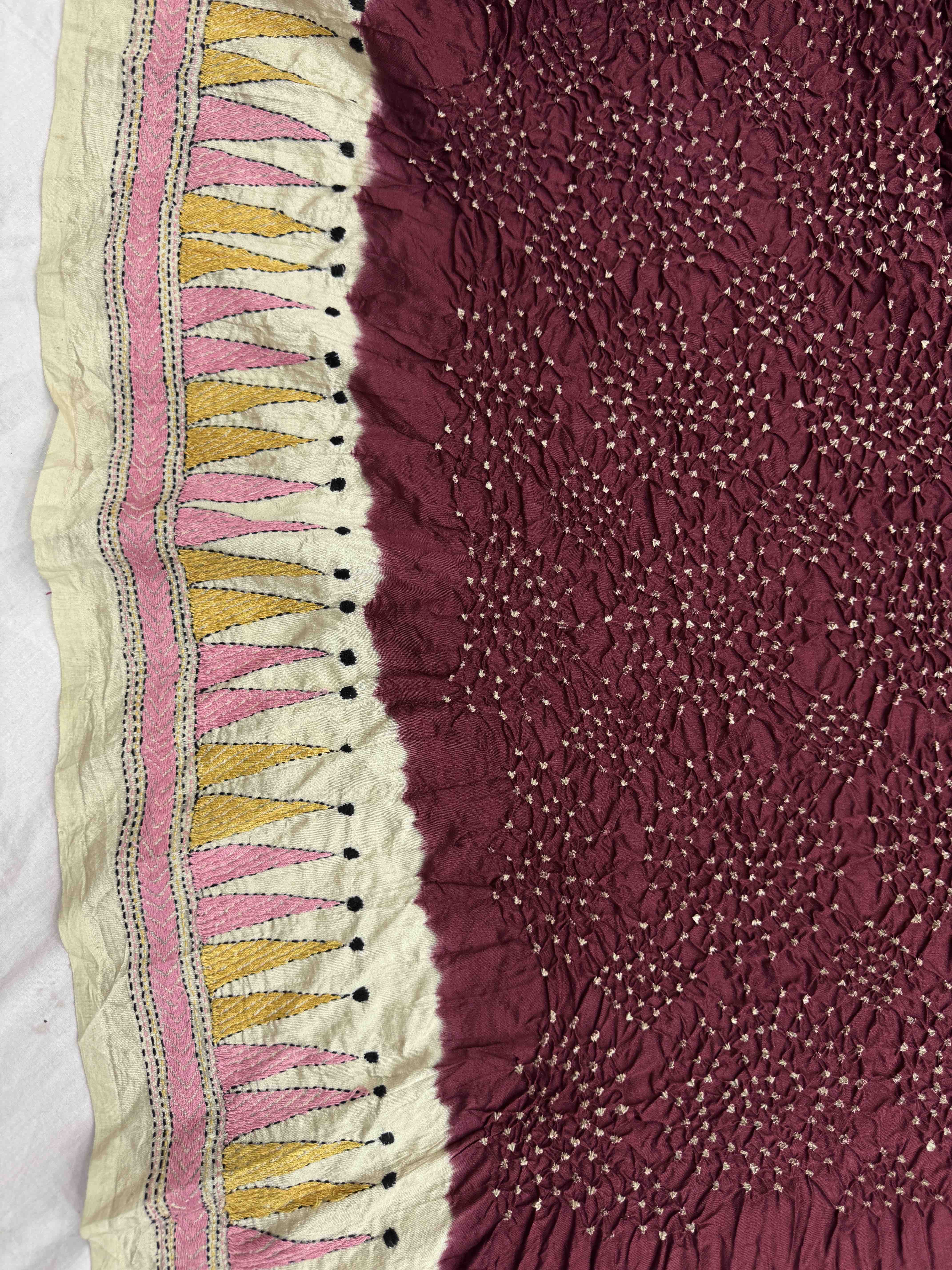 Off White & Maroon Chinia Silk with Kantha Work Border Pallu Bandhani Saree