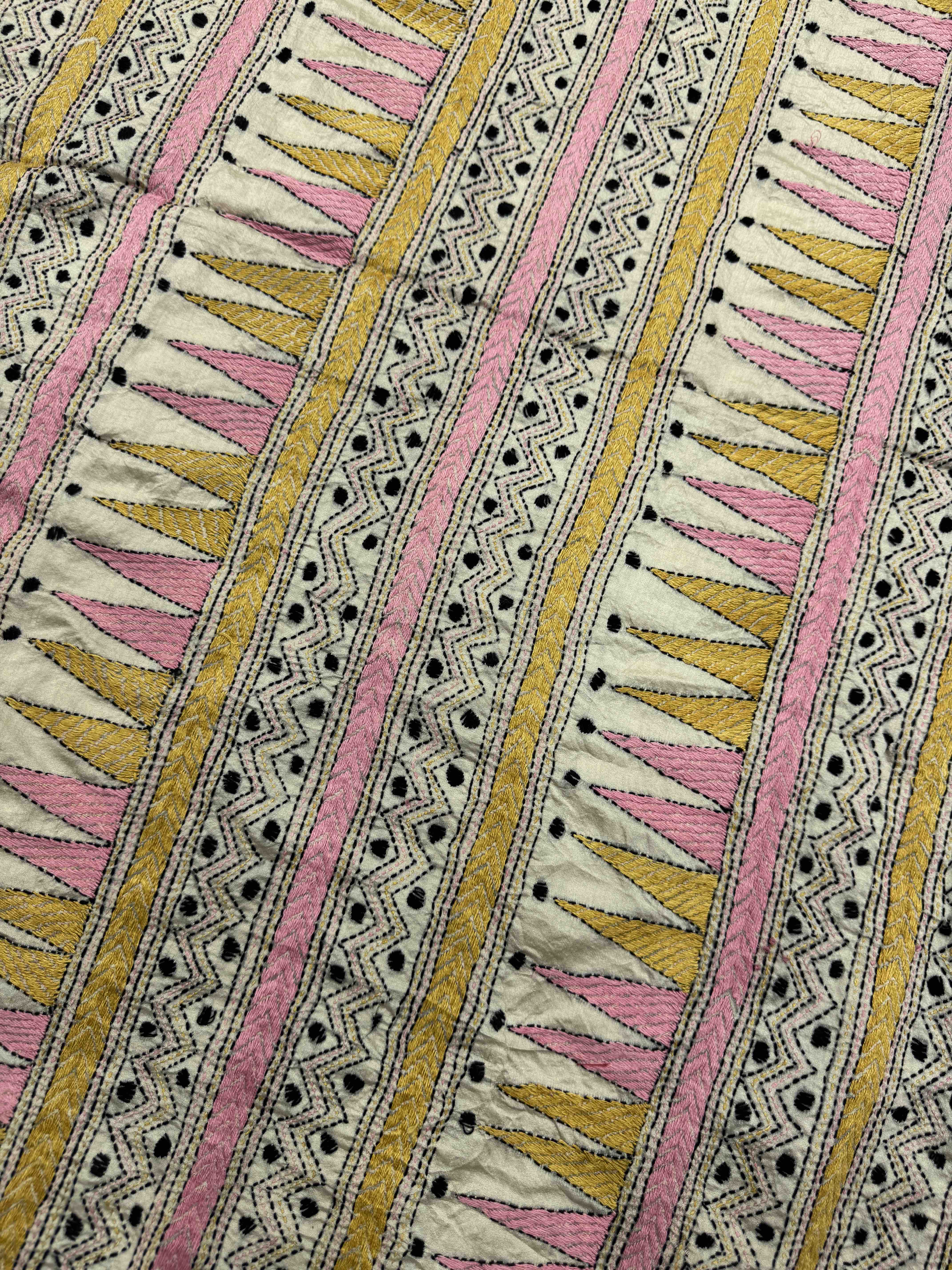 Off White & Maroon Chinia Silk with Kantha Work Border Pallu Bandhani Saree