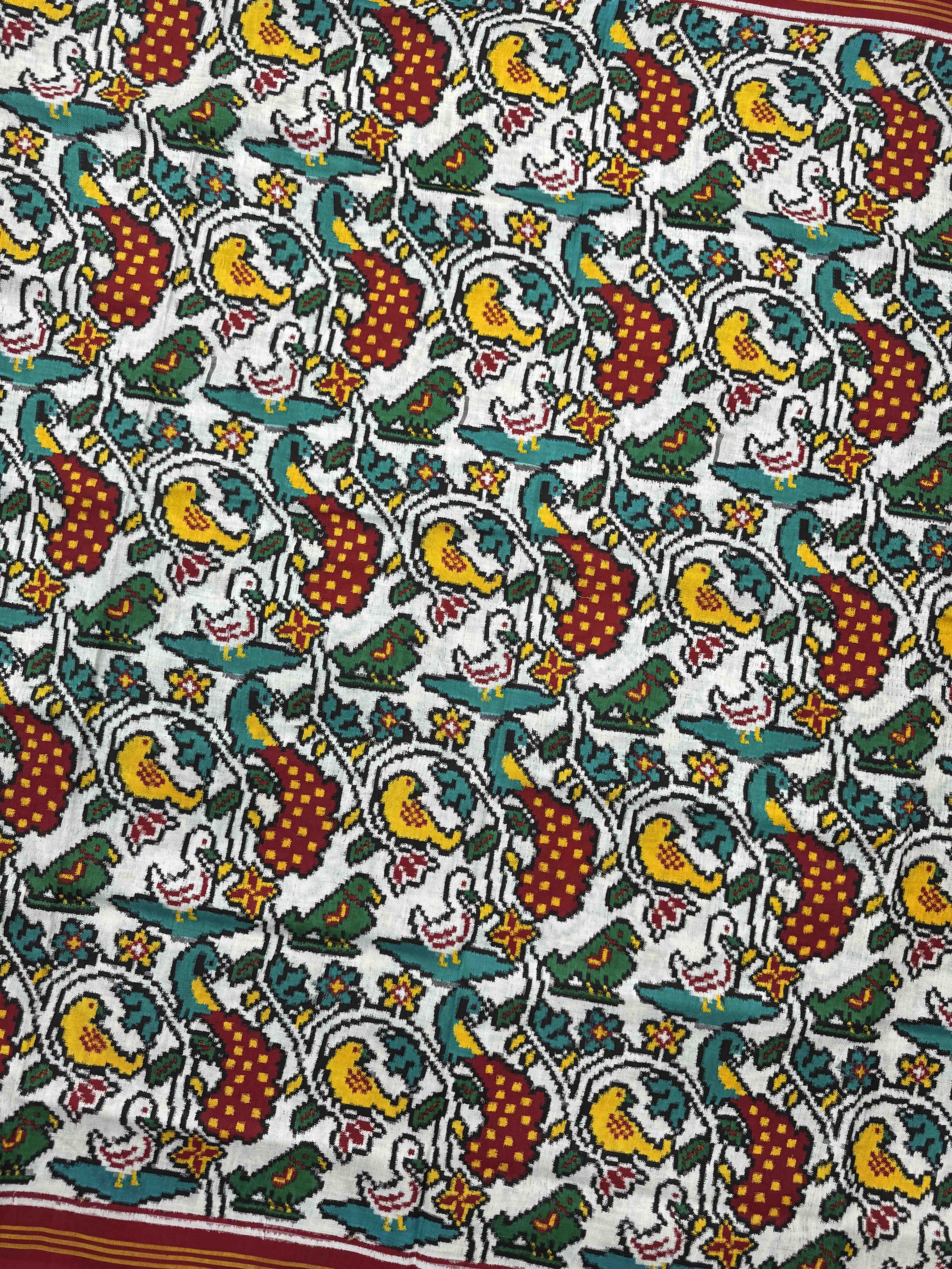 Red & White Fancy Birds Double Ikat Patan Patola Saree
