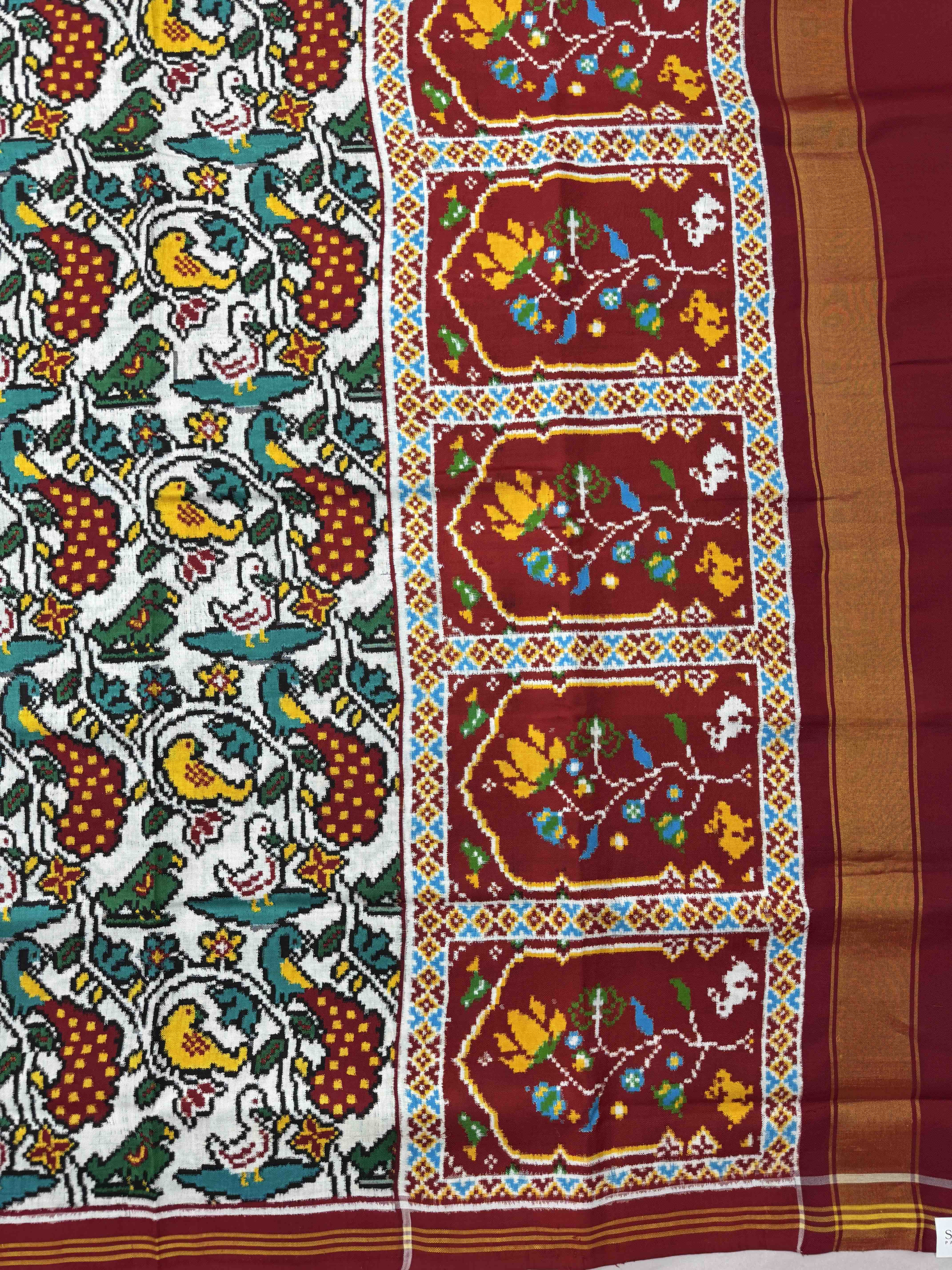 Red & White Fancy Birds Double Ikat Patan Patola Saree