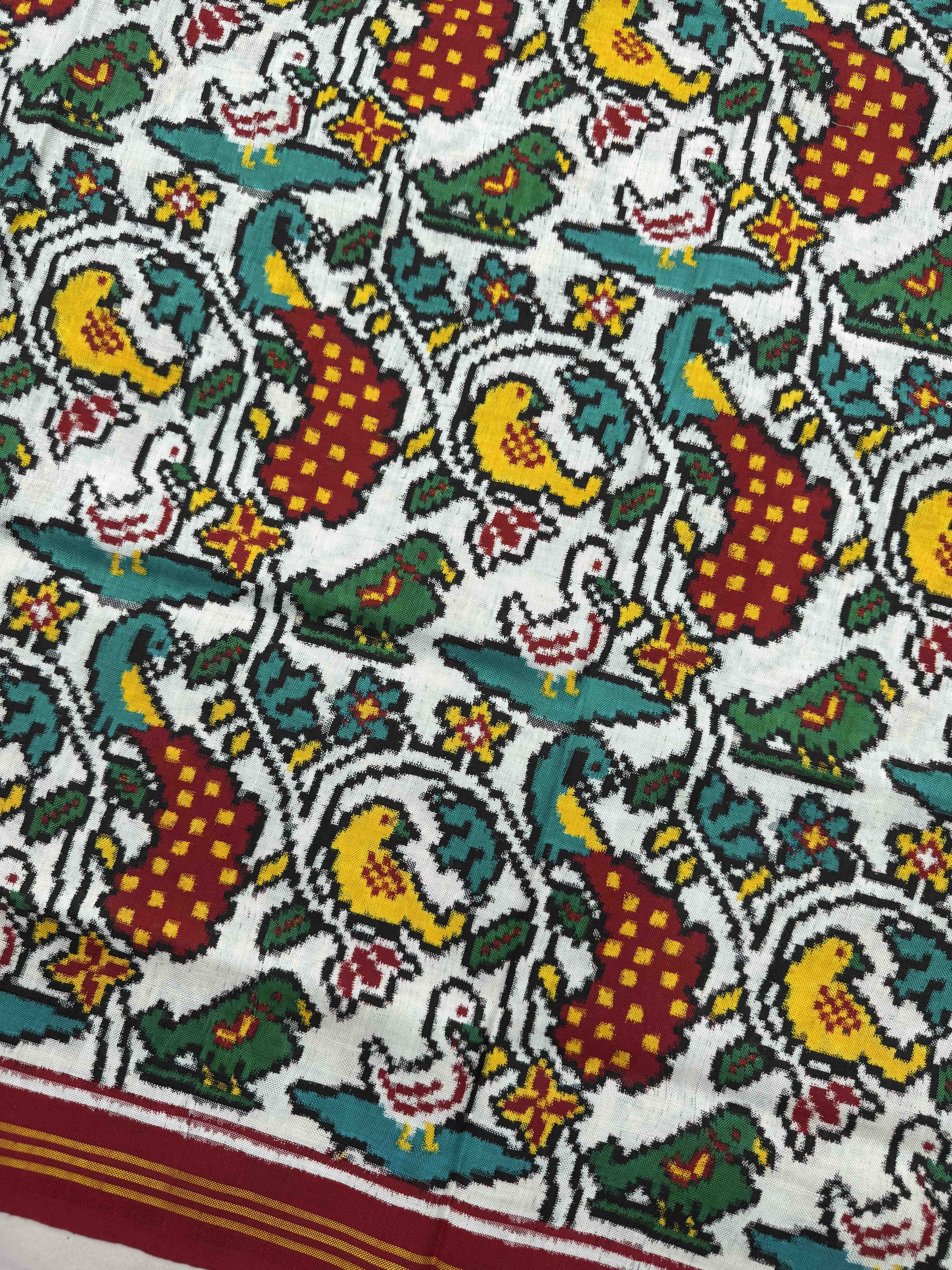 Red & White Fancy Birds Double Ikat Patan Patola Saree