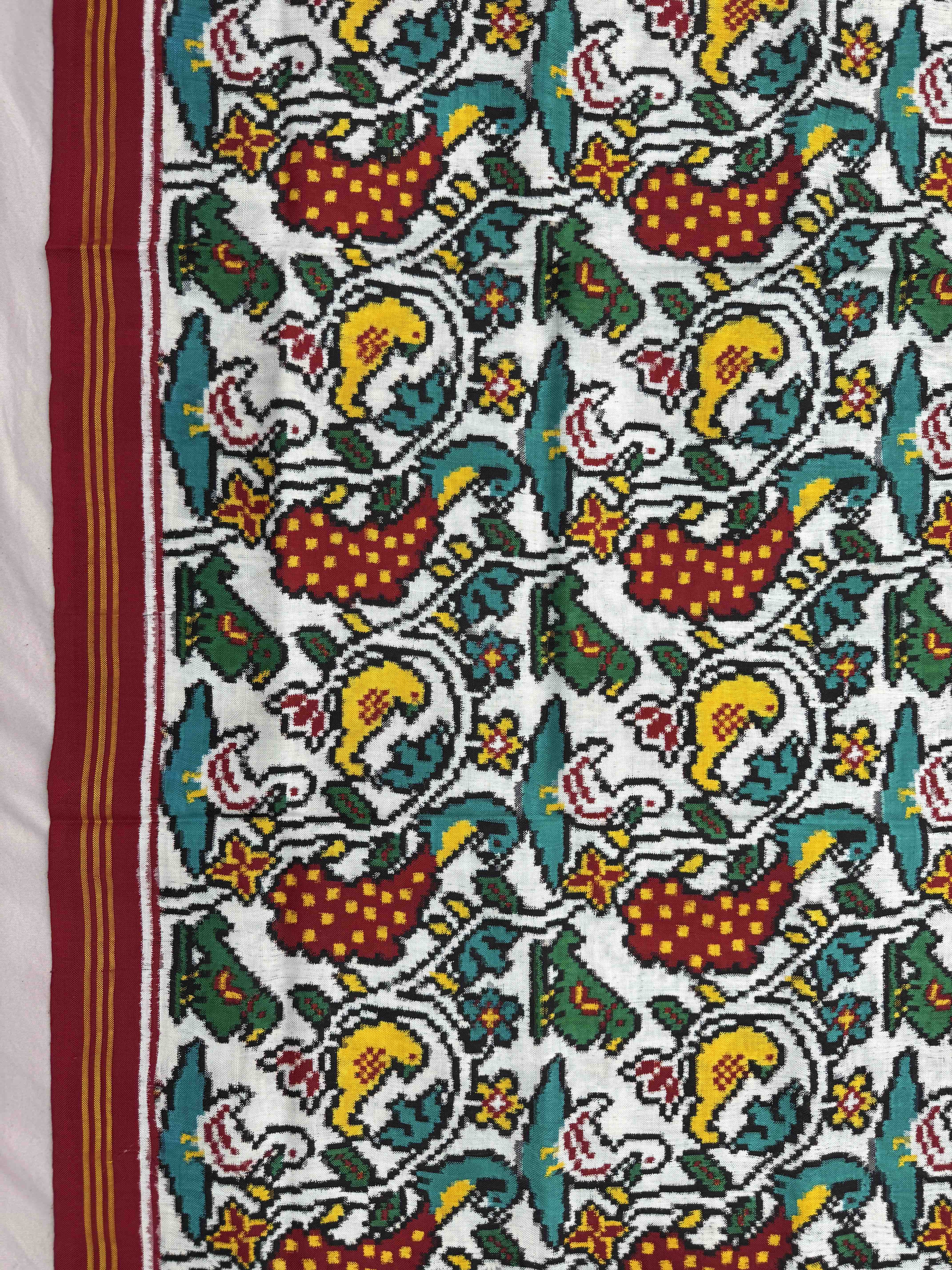 Red & White Fancy Birds Double Ikat Patan Patola Saree