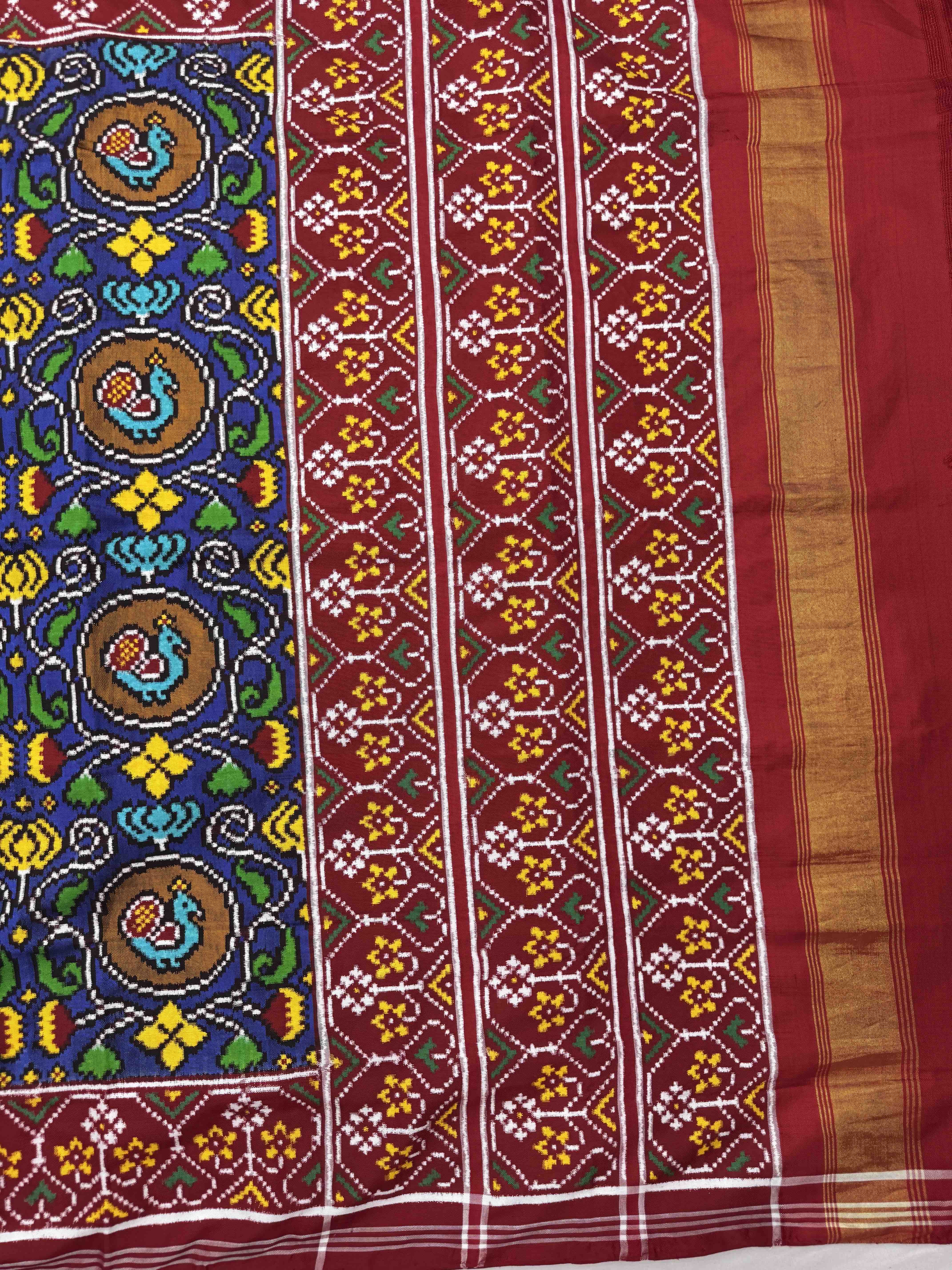 Red & Blue Fancy Circle Bird Double Ikat Patan Patola Saree
