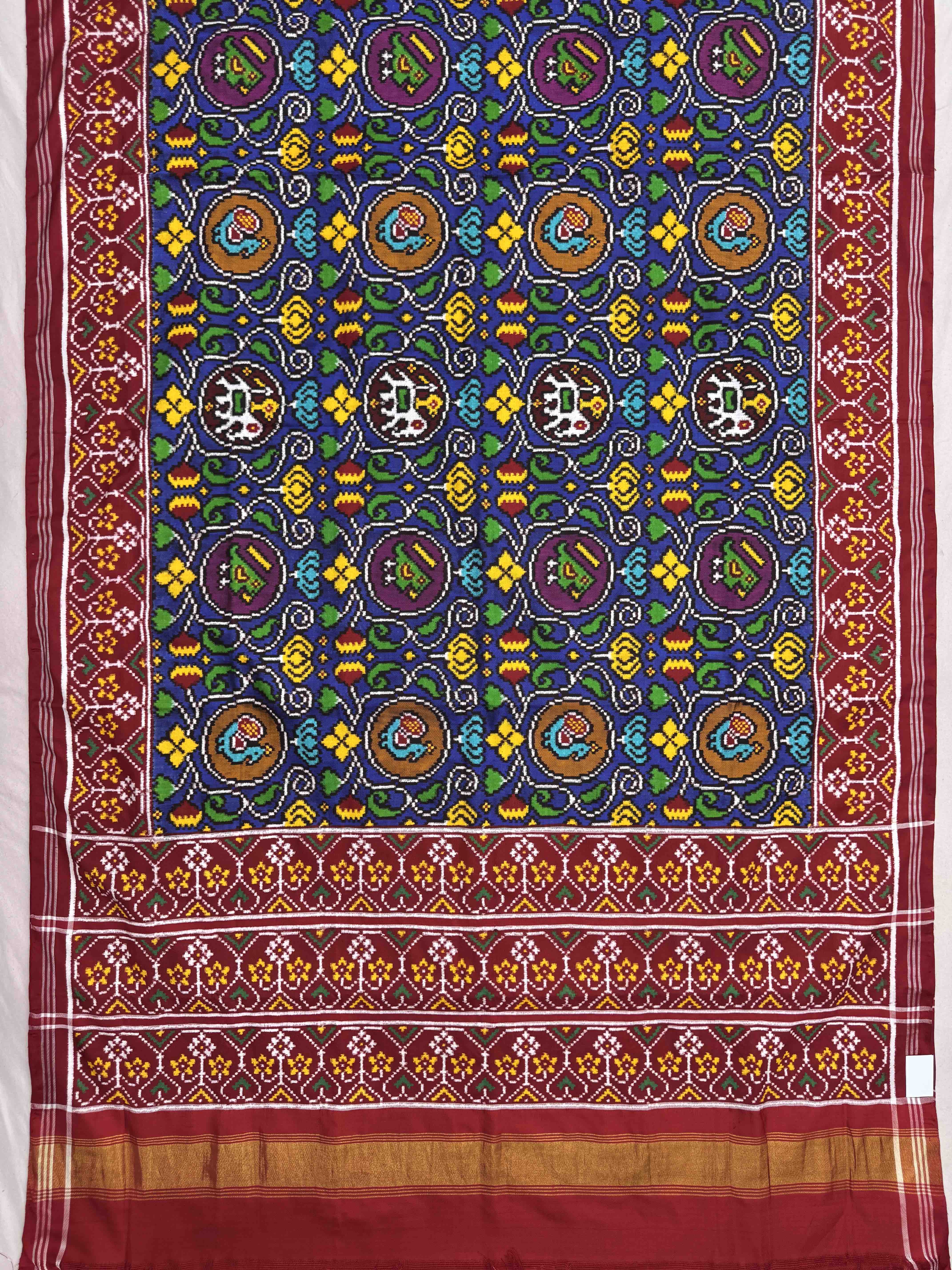Red & Blue Fancy Circle Bird Double Ikat Patan Patola Saree