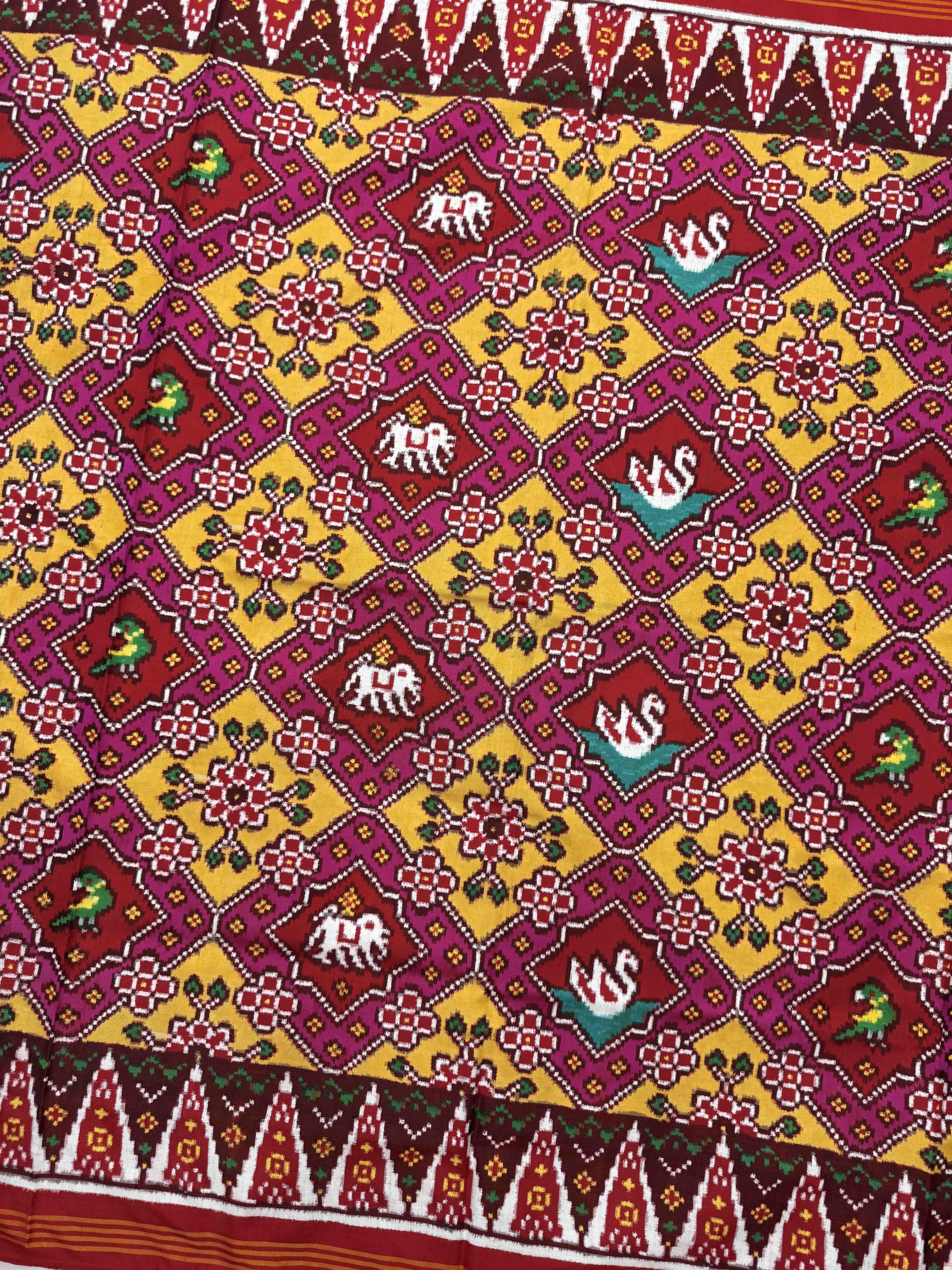 Red & Yellow with Pink Narikunj Double Ikat Patan Patola Saree