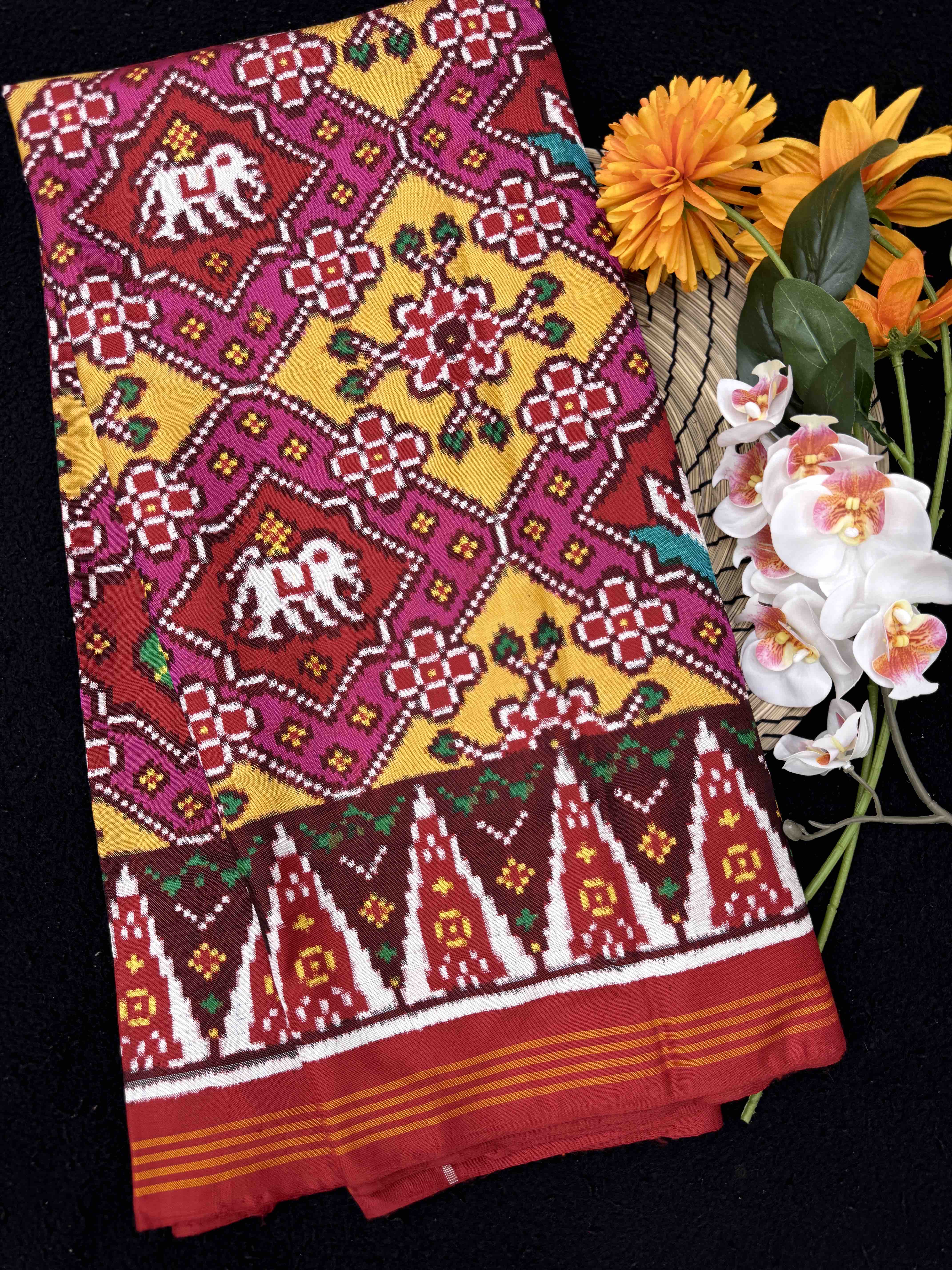 Red & Yellow with Pink Narikunj Double Ikat Patan Patola Saree