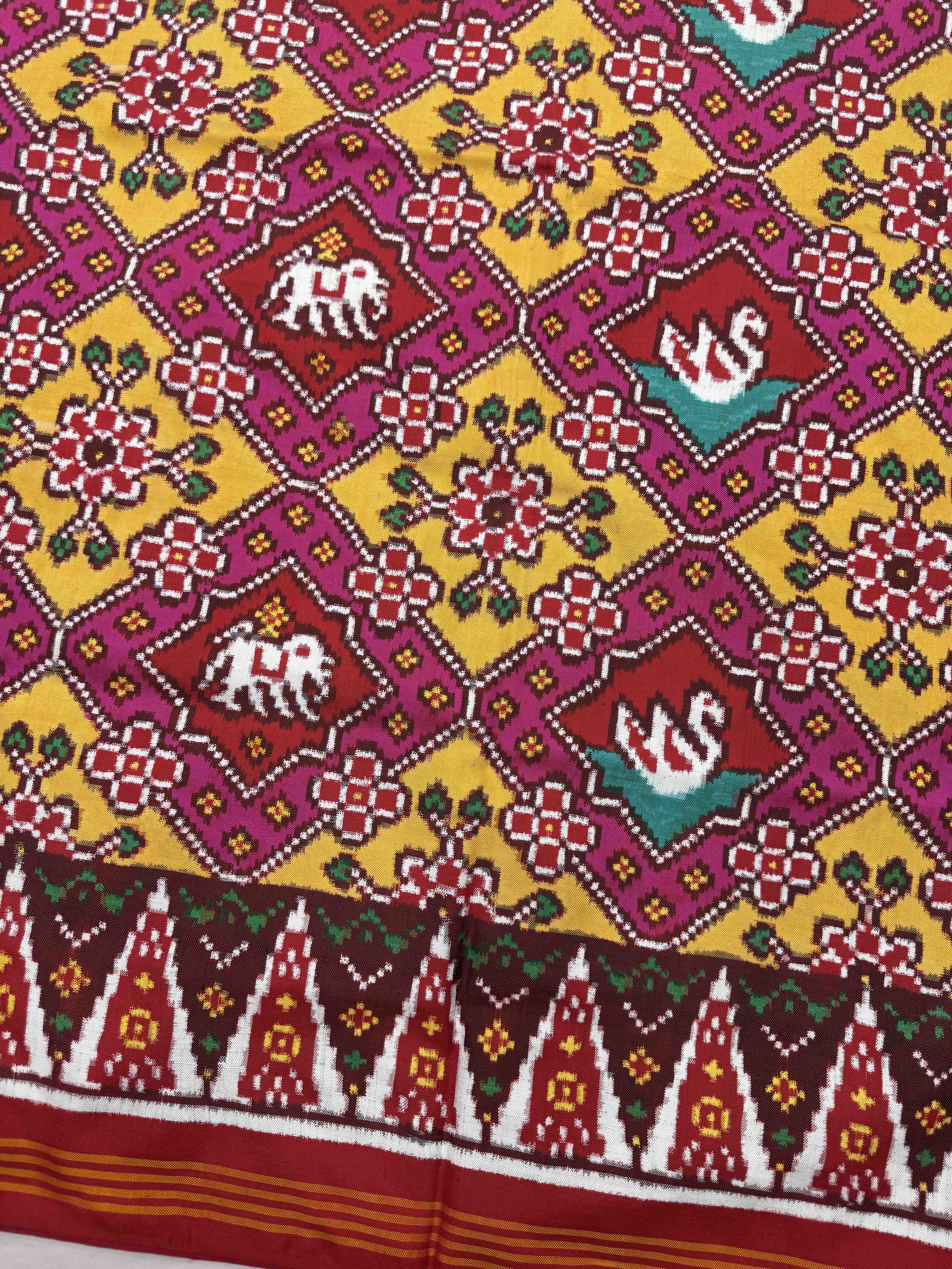 Red & Yellow with Pink Narikunj Double Ikat Patan Patola Saree