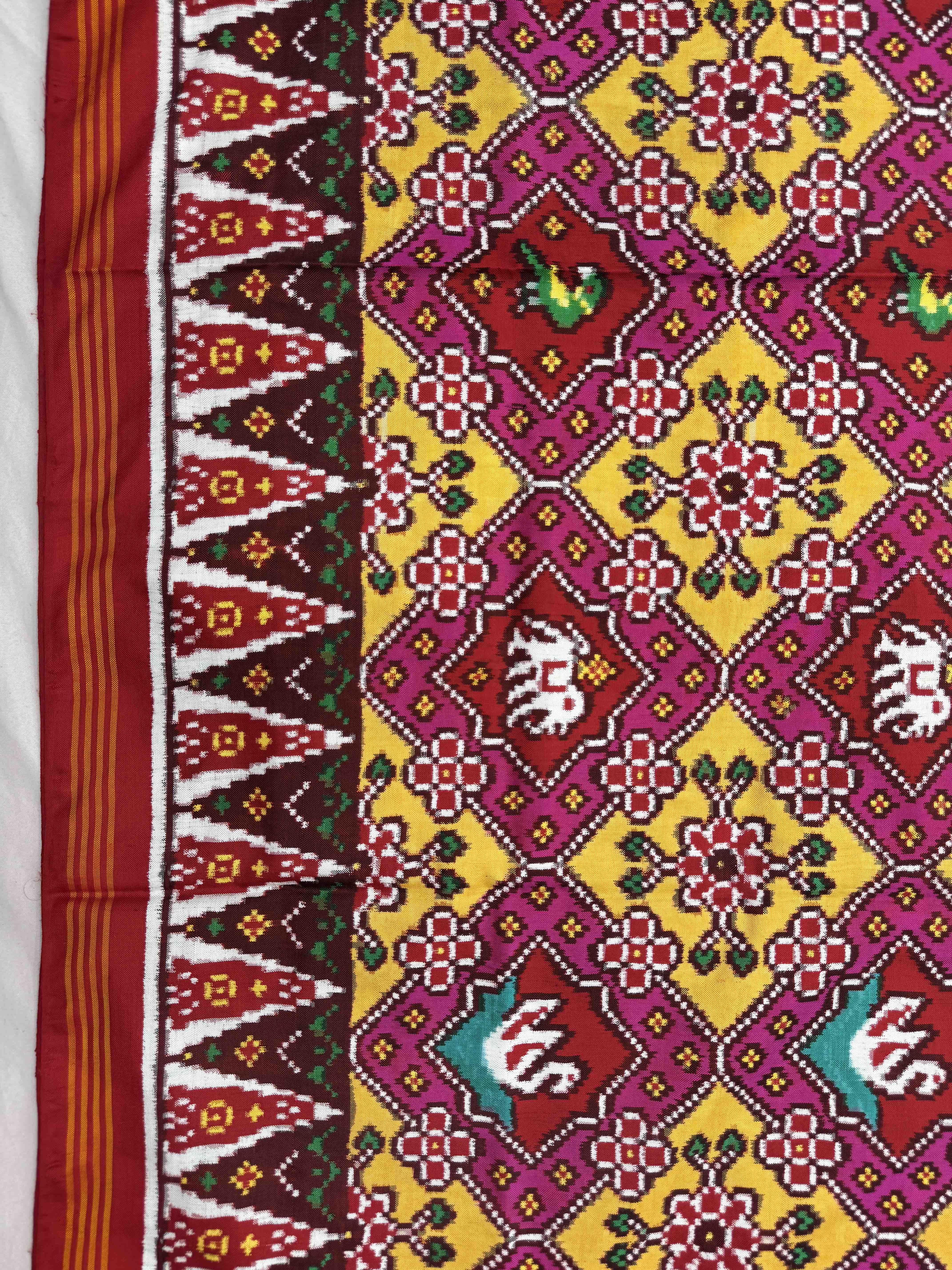 Red & Yellow with Pink Narikunj Double Ikat Patan Patola Saree
